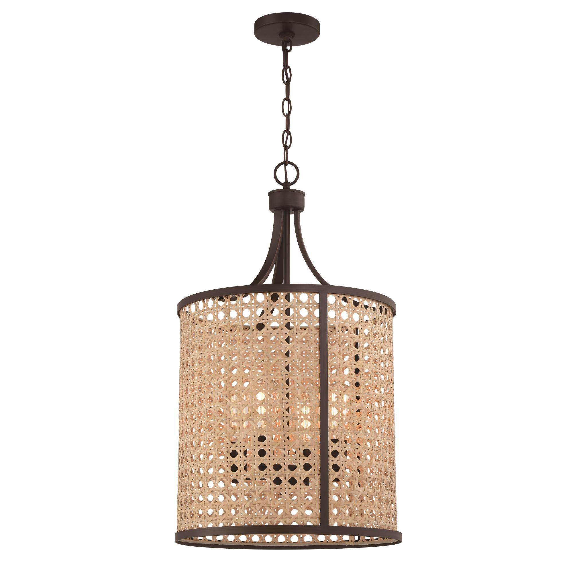 Shown in Aged Bronze Brushed finish and Natural glass and Rattan shade