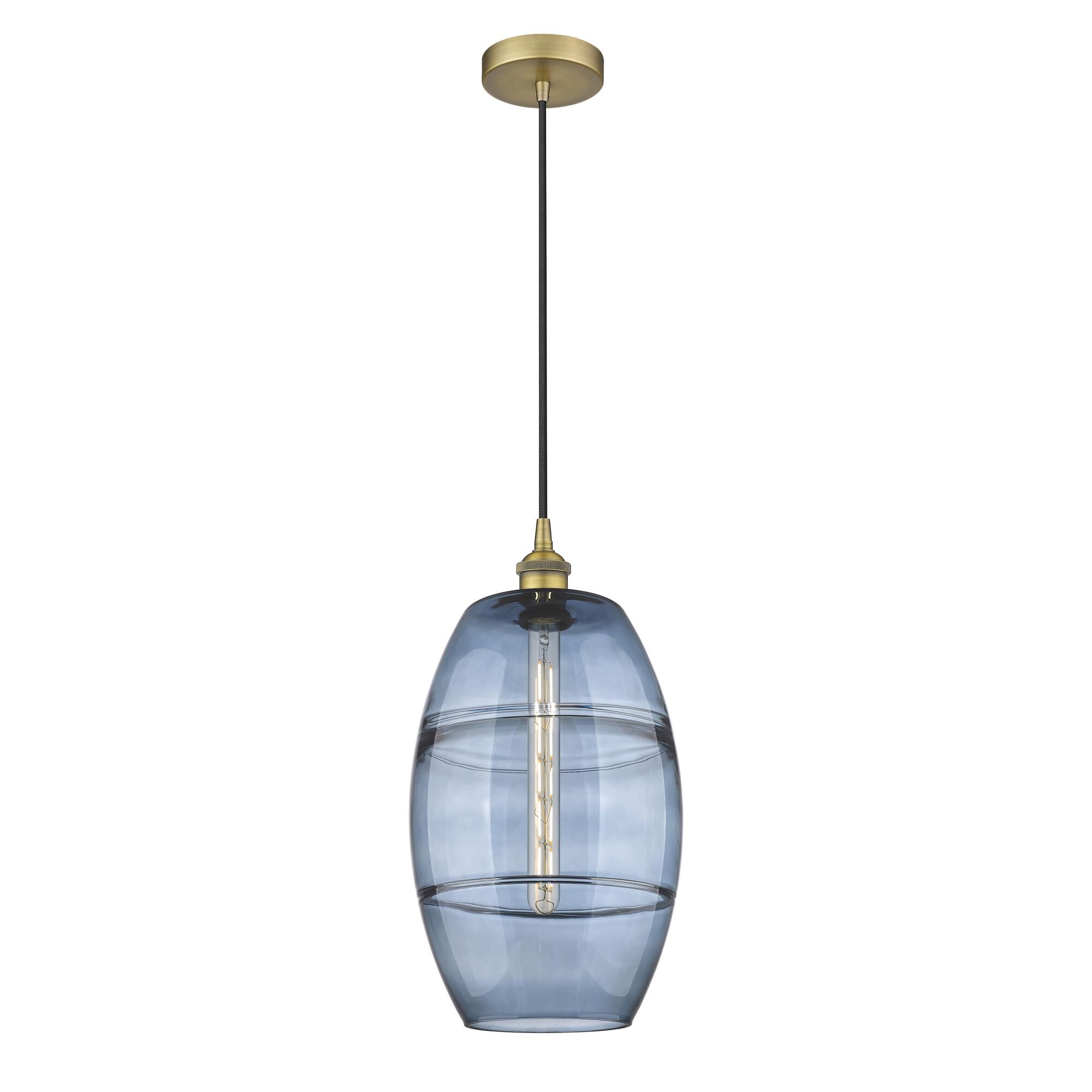 Shown in Brushed Brass finish and Princess Blue glass