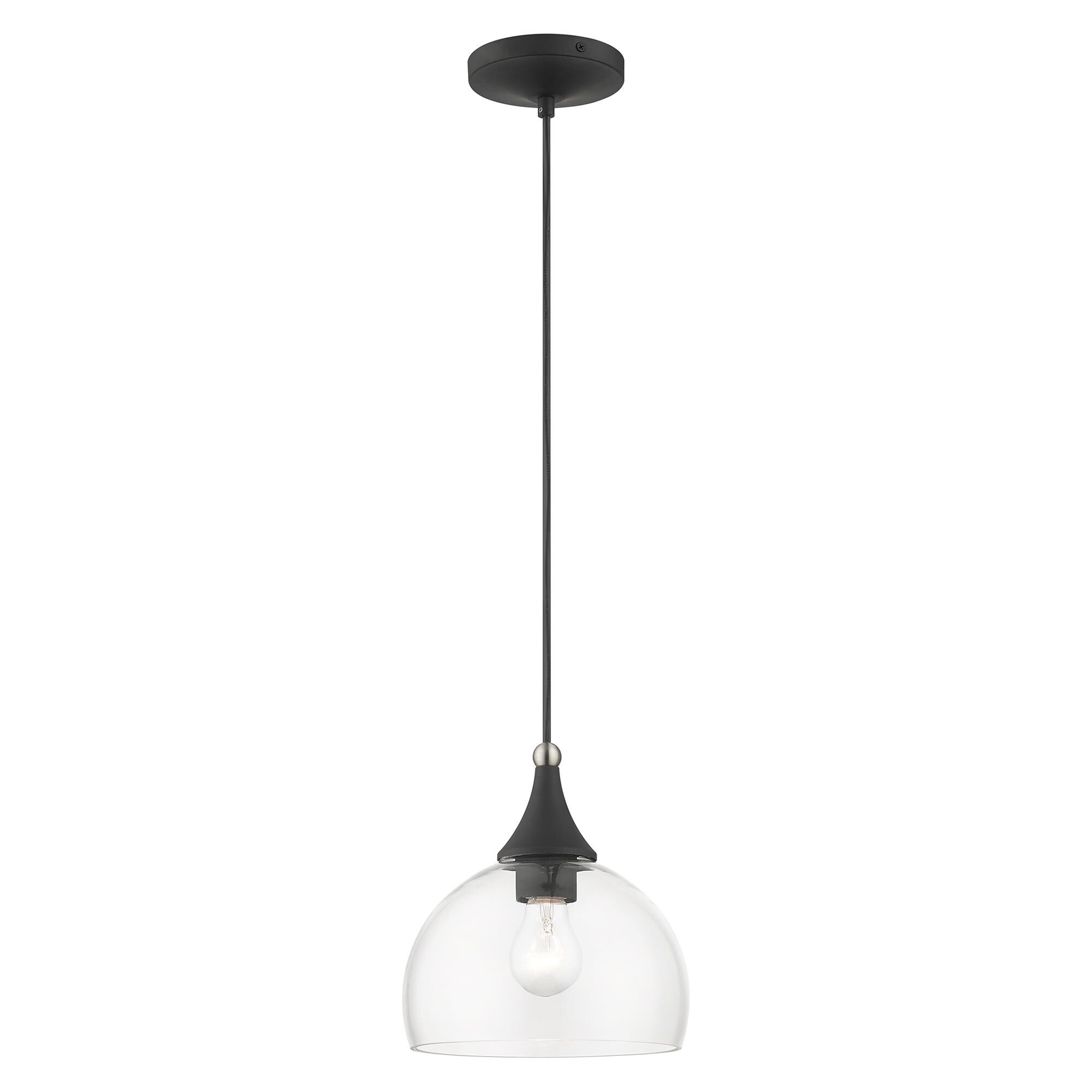 Shown in Black With Brushed Nickel Accents finish and Clear Hand Blown glass