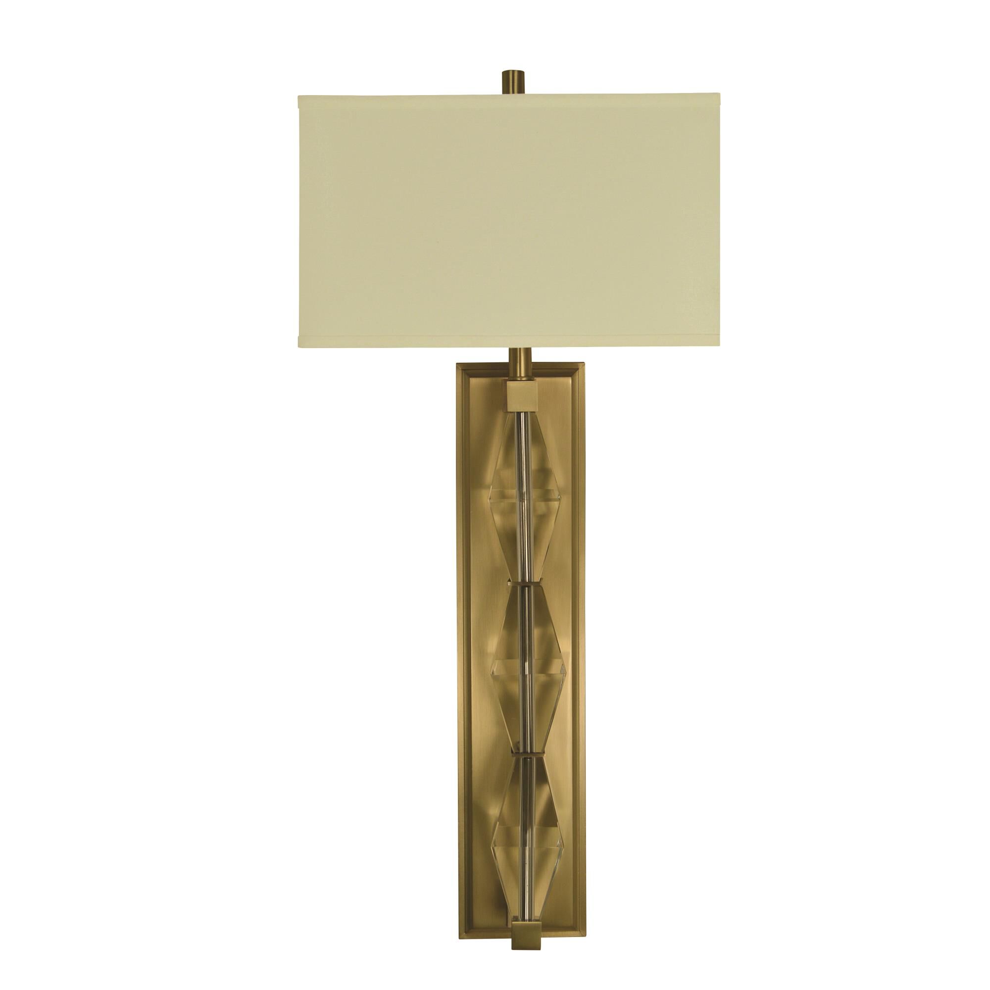 Shown in Brushed Brass finish and Off-White Hardback Linen shade