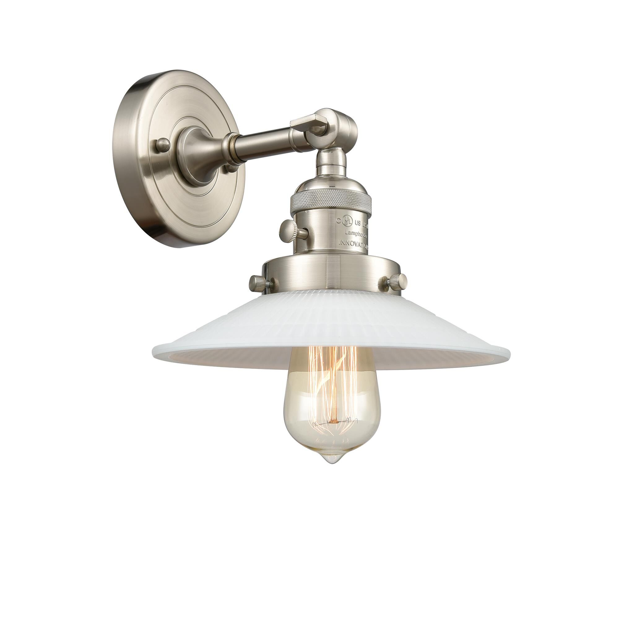 Shown in Satin Nickel finish and Matte White Halophane - Cone glass
