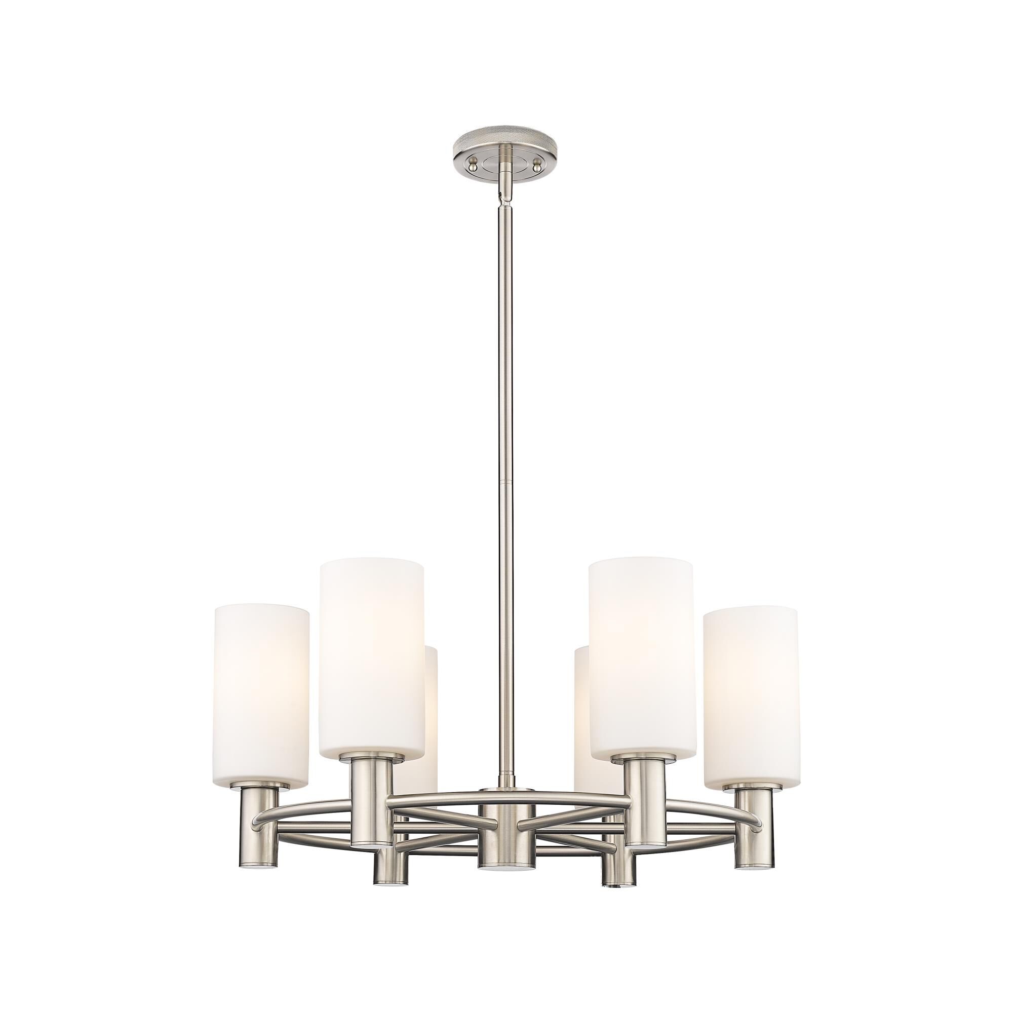 Shown in Satin Nickel finish and Matte White glass and Matte White Glass shade