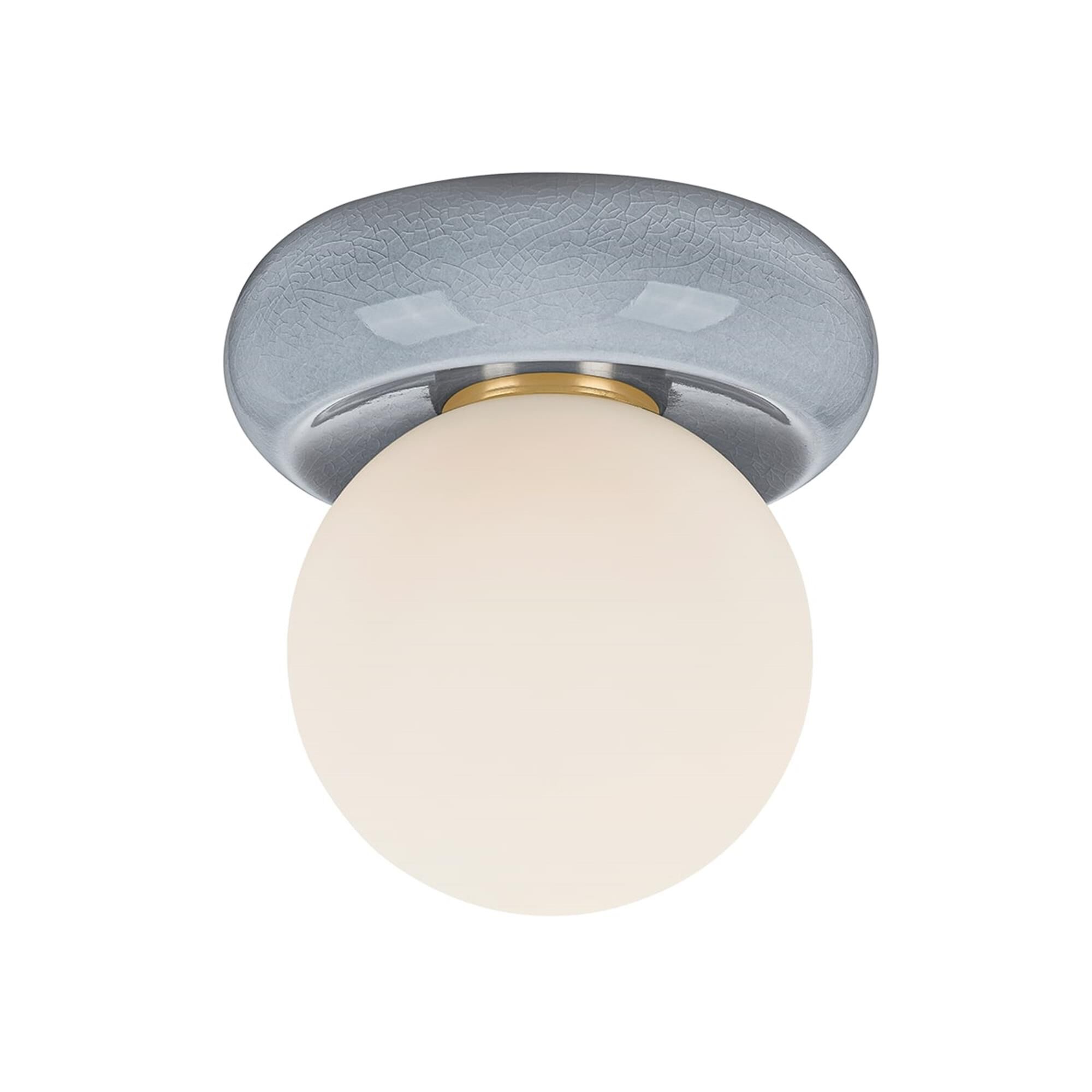 Shown in Aged Brass and Ceramic Frost Crackle finish and Opal Matte glass