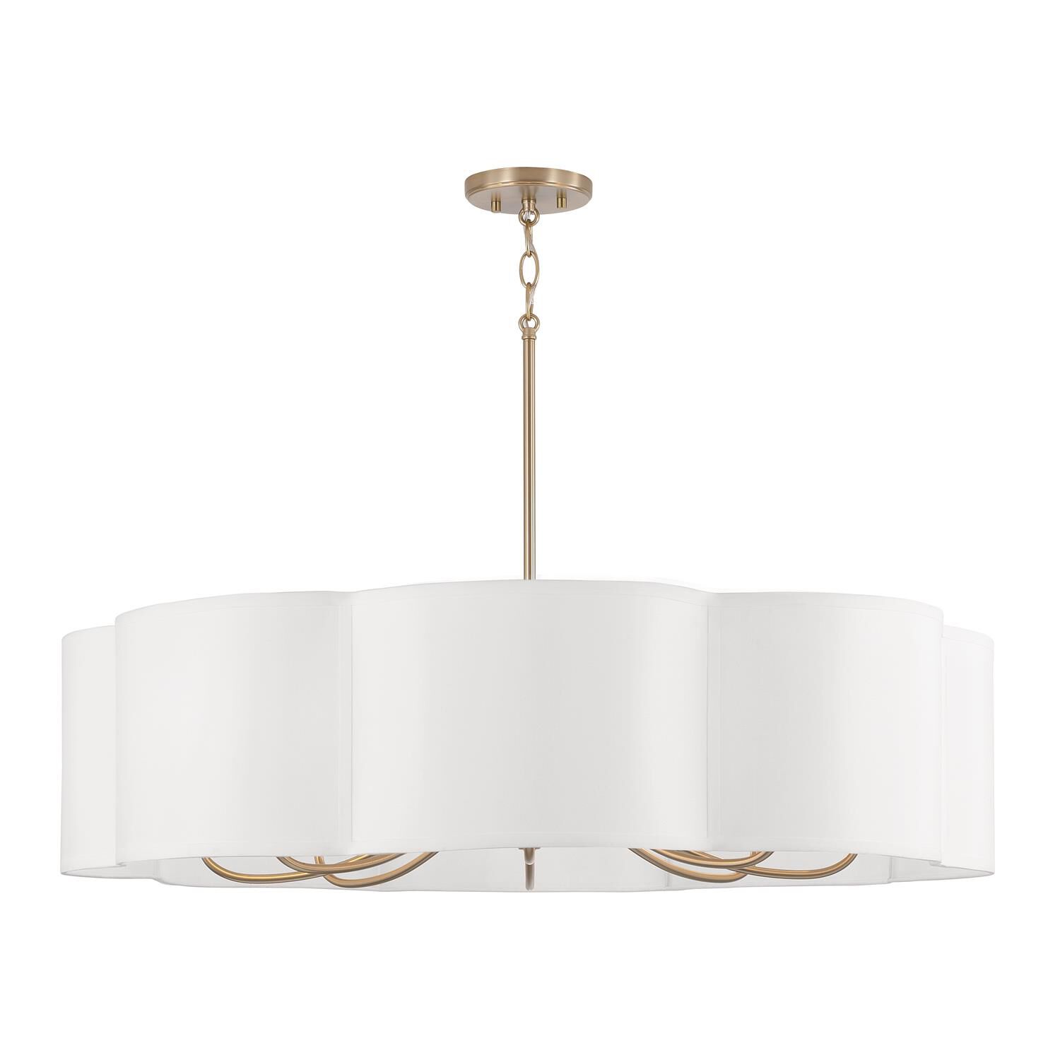 Shown in Matte Brass finish and White Fabric shade