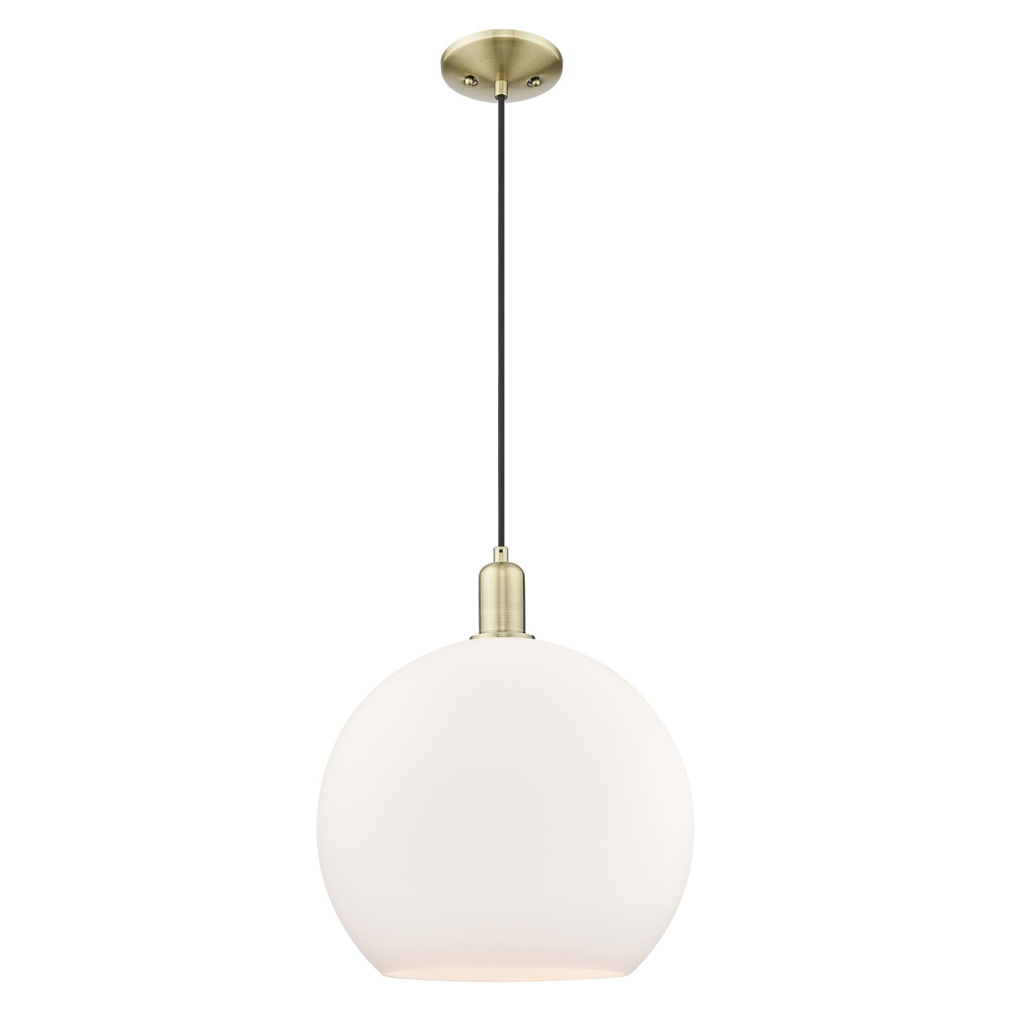 Shown in Antique Brass finish and Matte White glass