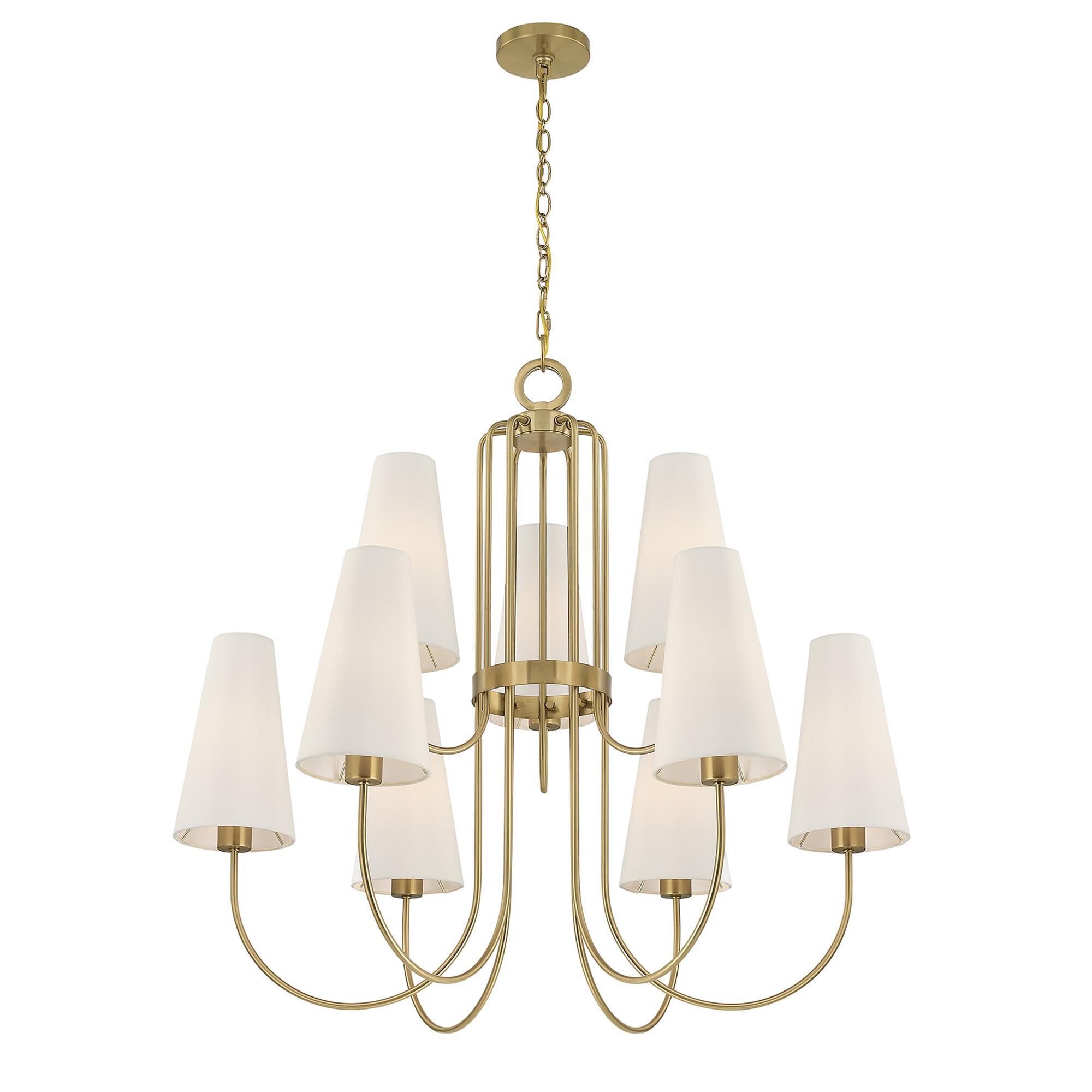 Shown in Warm Brass finish and White Fabric shade