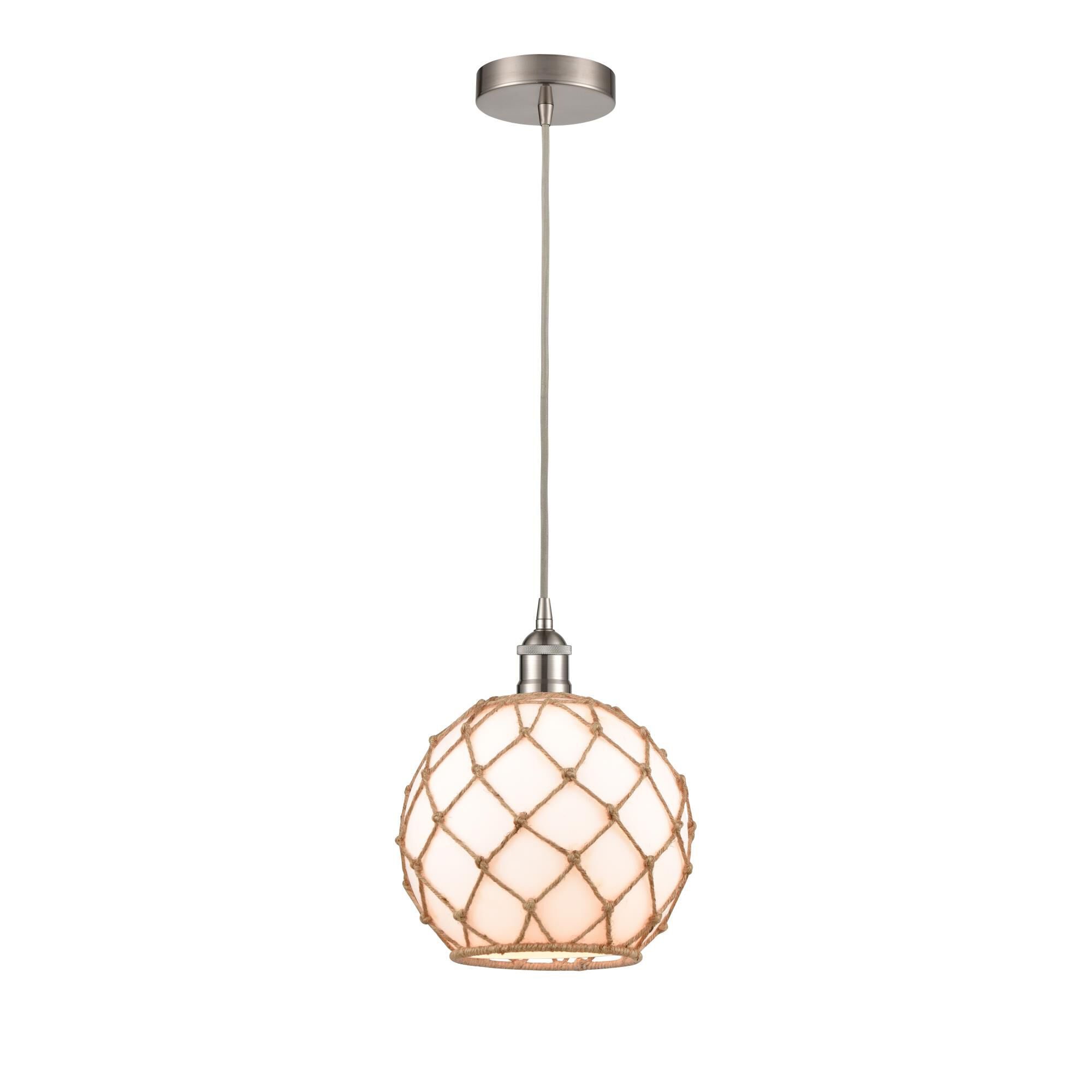 Shown in Brushed Satin Nickel finish and White Large Farmhouse With Brown Rope glass and No Shade shade