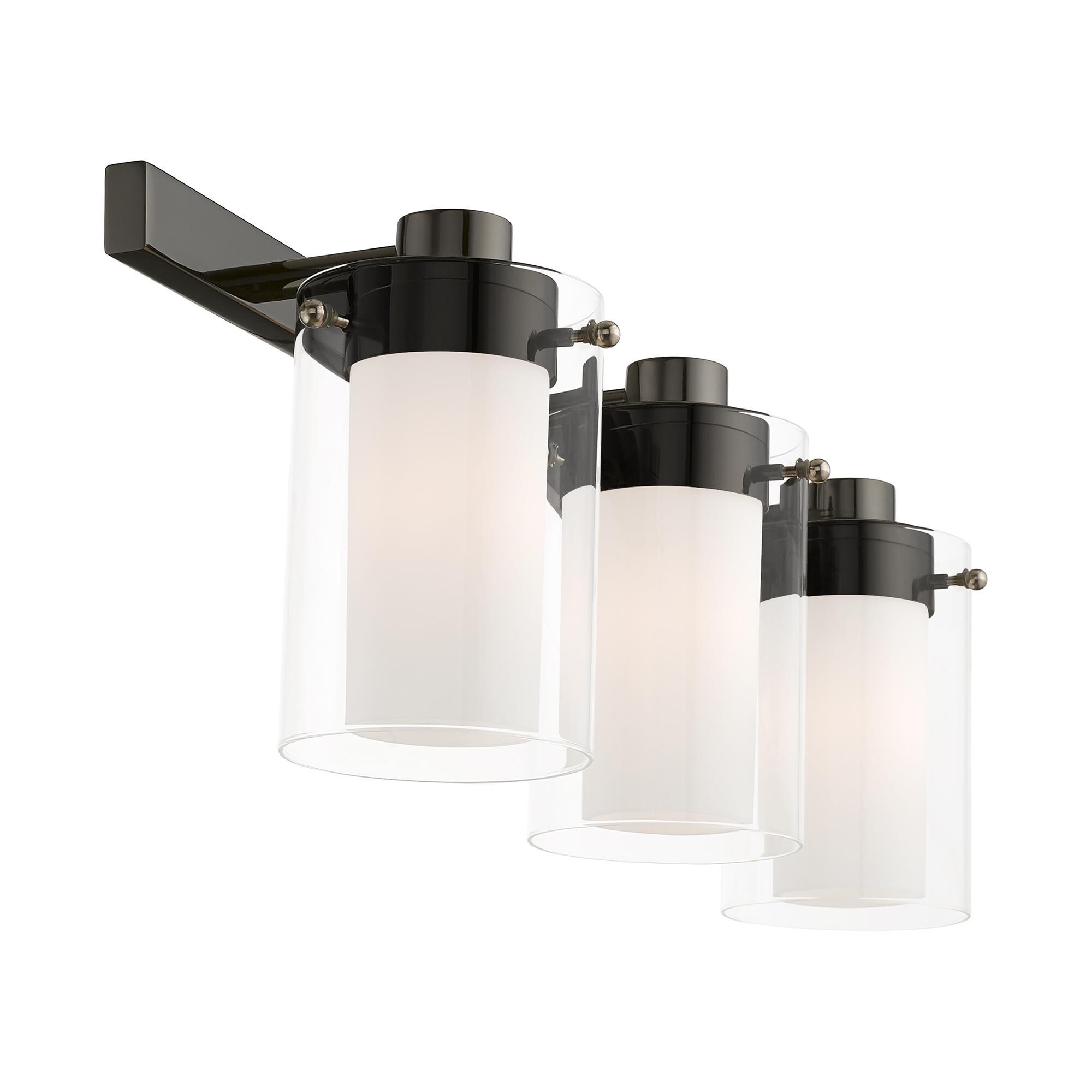 Shown in Polished Black Chrome finish and Hand Blown Clear Outer  & Satin Opal White Inner glass and Hand Blown Clear Outer Glass & Satin Opal White Inner Glass shade