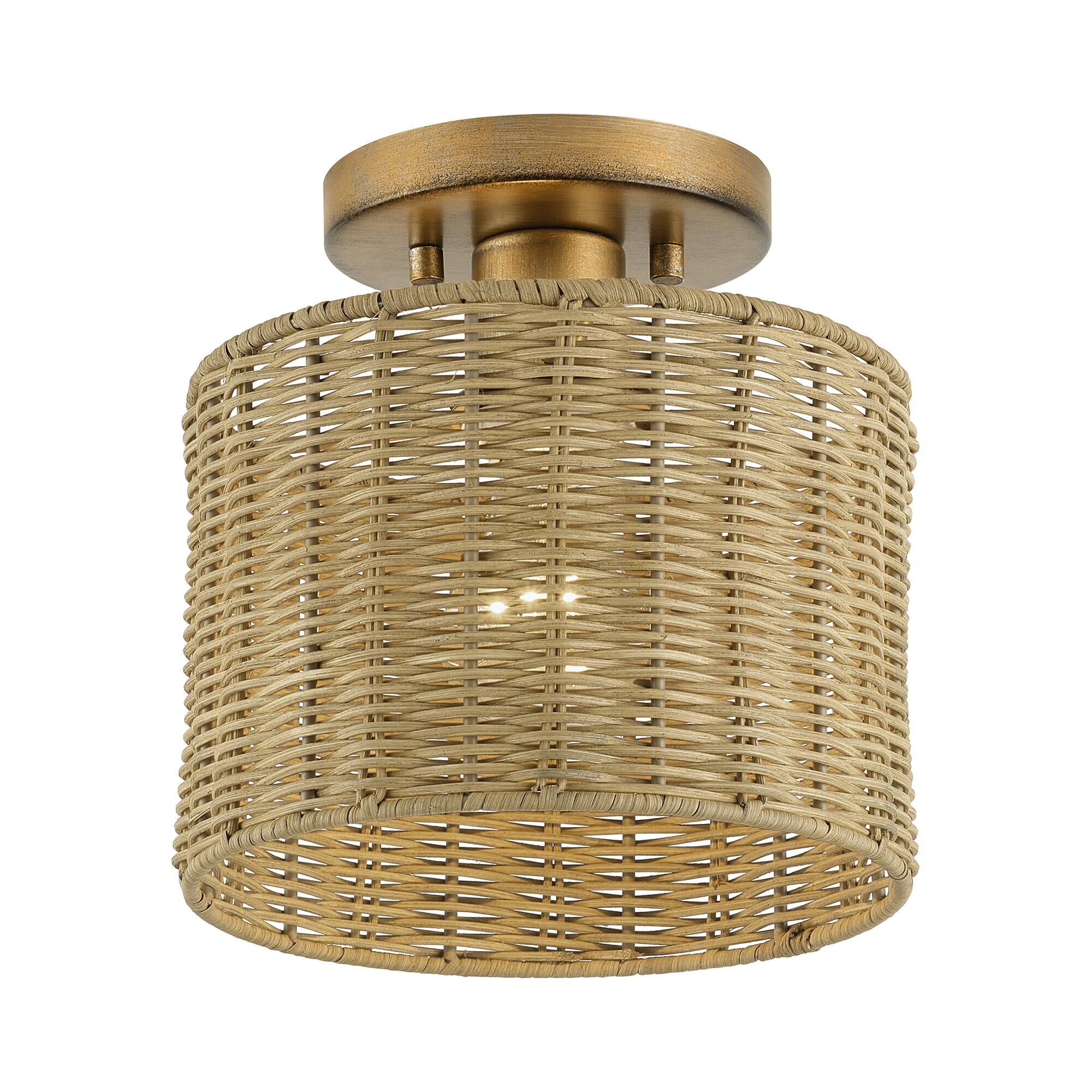 Shown in Antique Gold Leaf finish and Hand-Woven Rustic Walnut Color Rattan shade