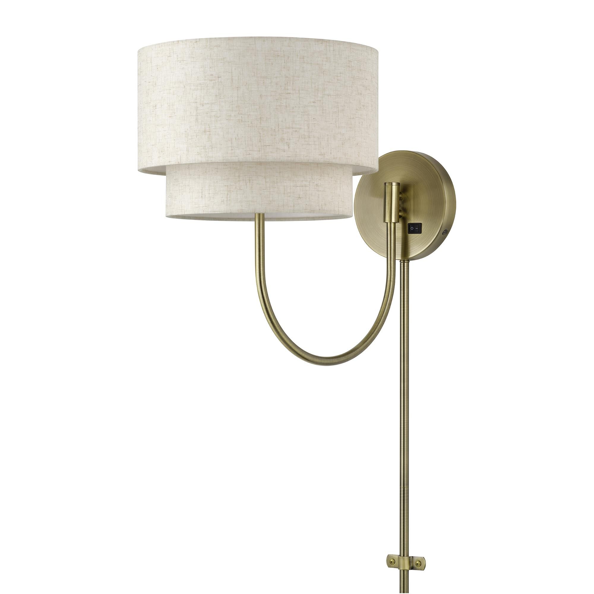 Shown in Antique Brass finish and Hand Crafted Oatmeal Color Fabric with White Color Inside shade