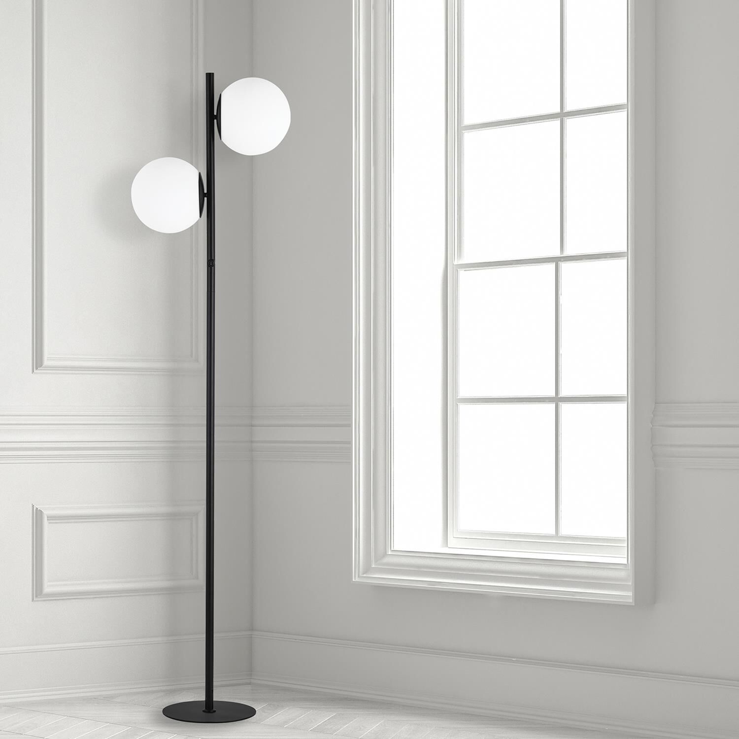 Shown in Black and White finish and Opal White Globe glass