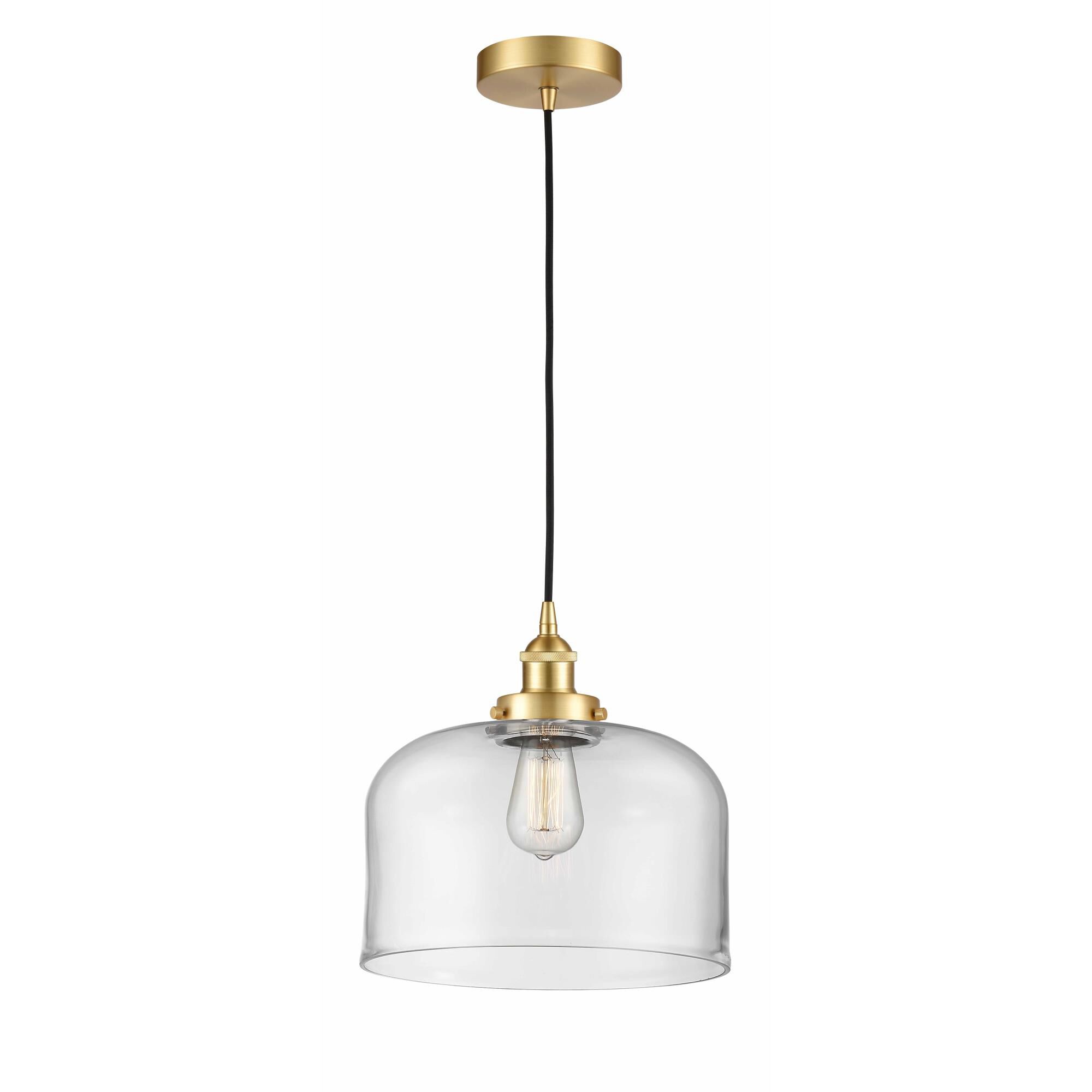 Shown in Satin Gold finish and Clear X-Large Bell glass