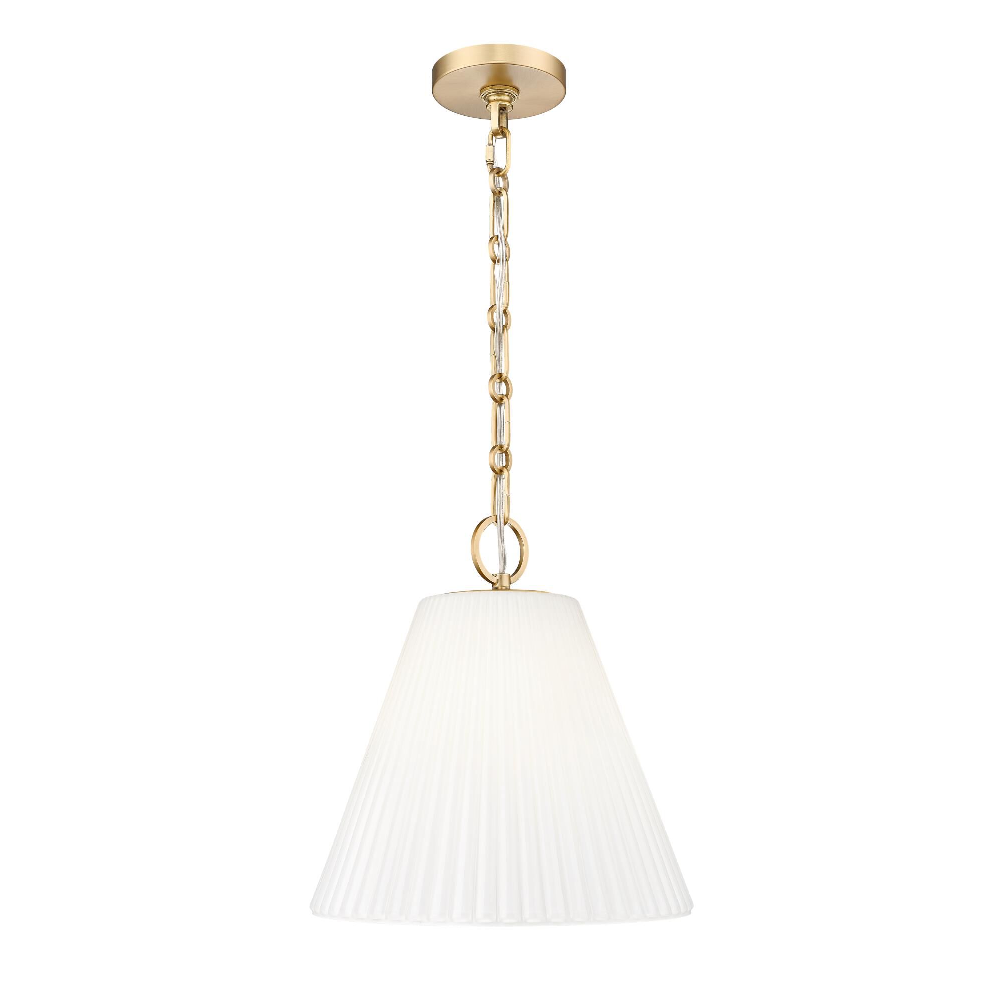 Shown in Modern Gold finish and White glass and White shade