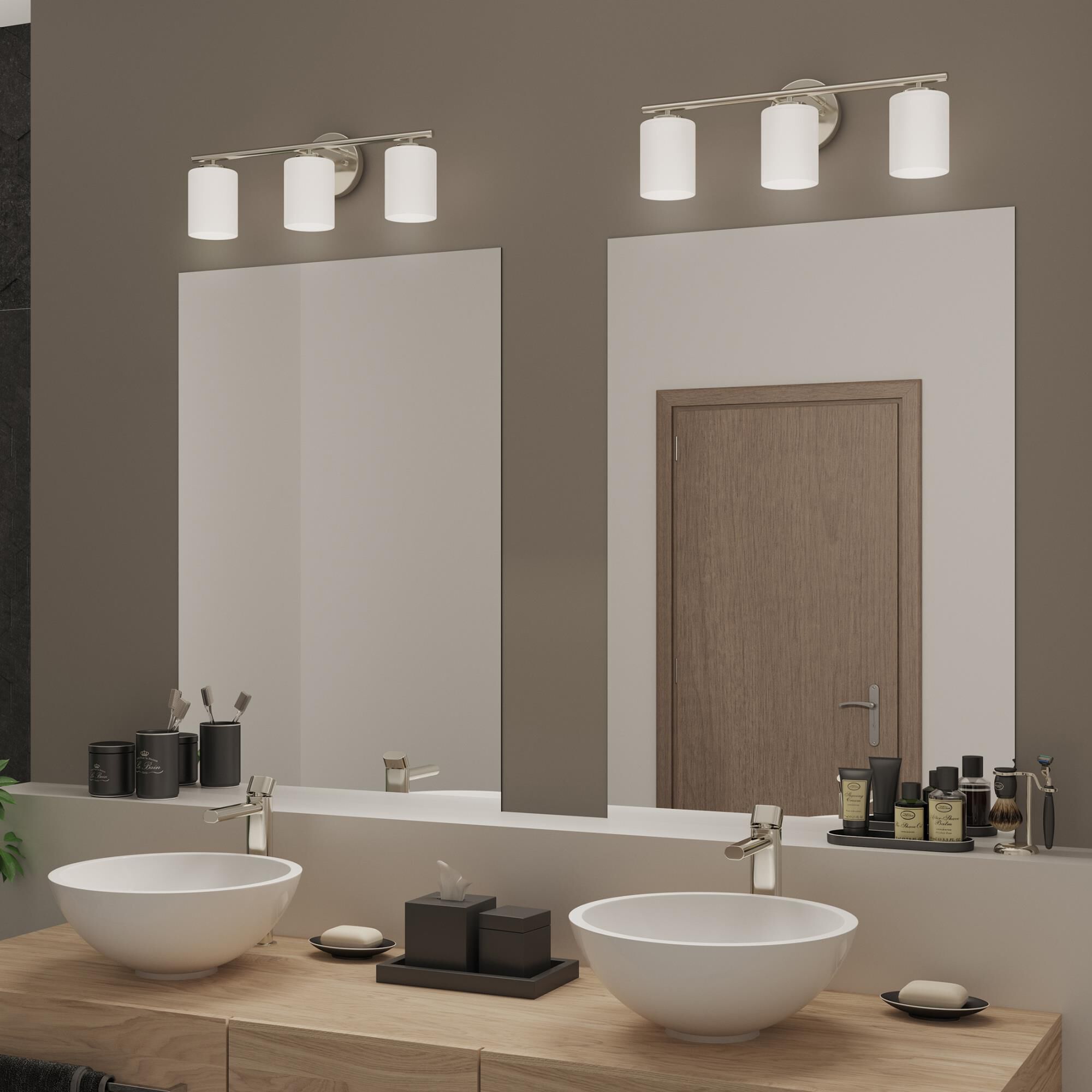 Shown in Brushed Nickel finish and Etched Painted White glass