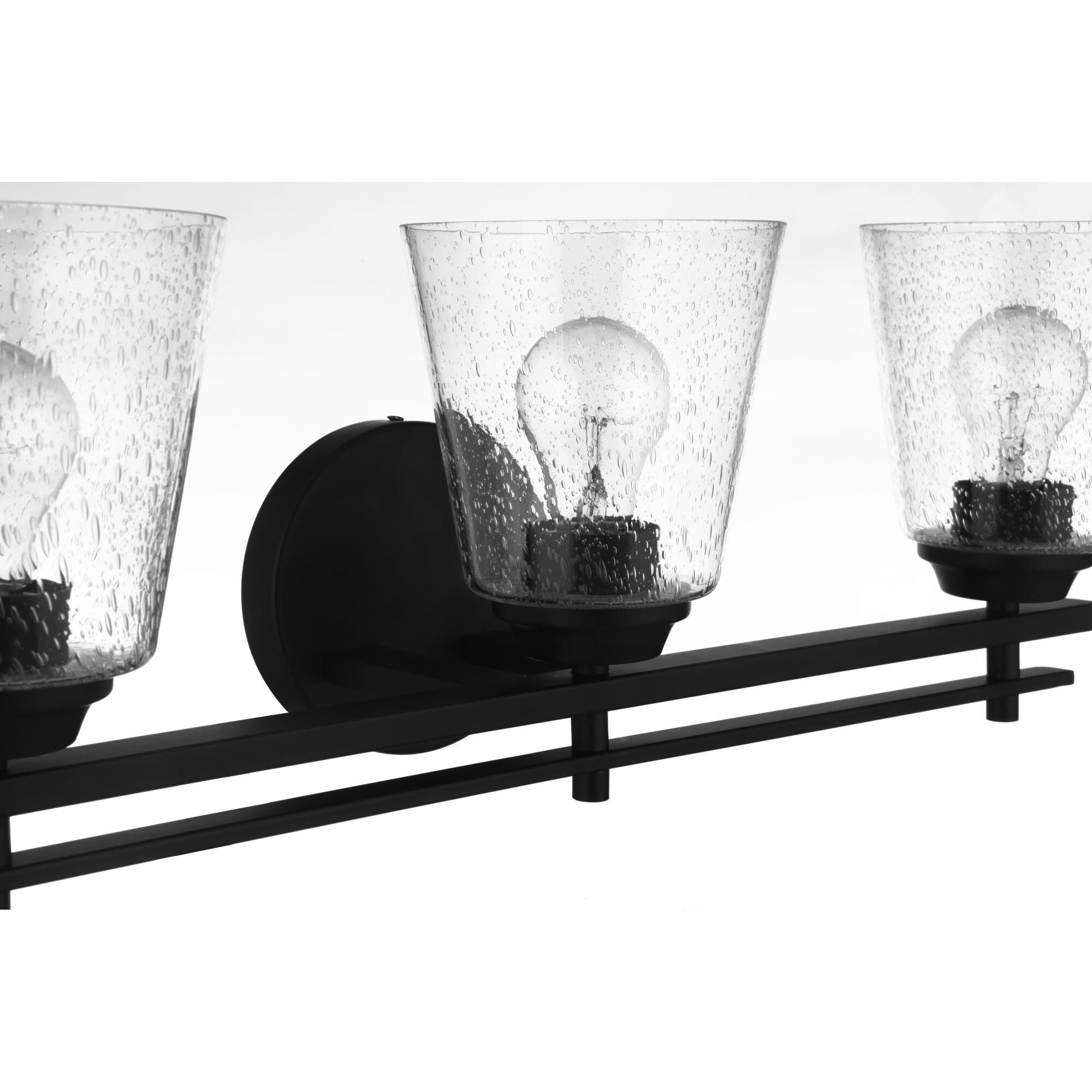 Shown in Flat Black finish and Clear Seeded glass and Glass shade