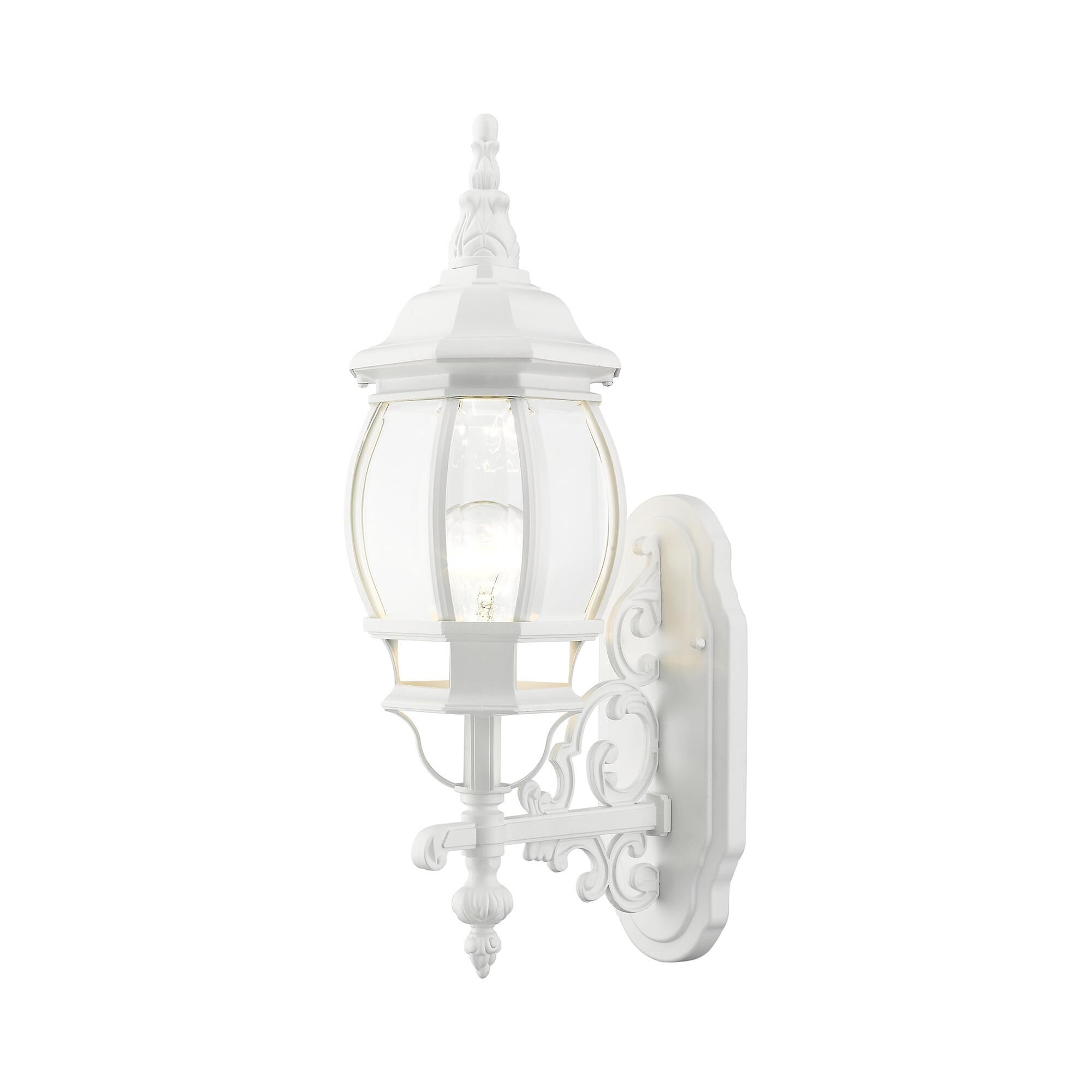 Shown in Textured White finish and Clear Beveled glass and Clear Beveled Glass shade