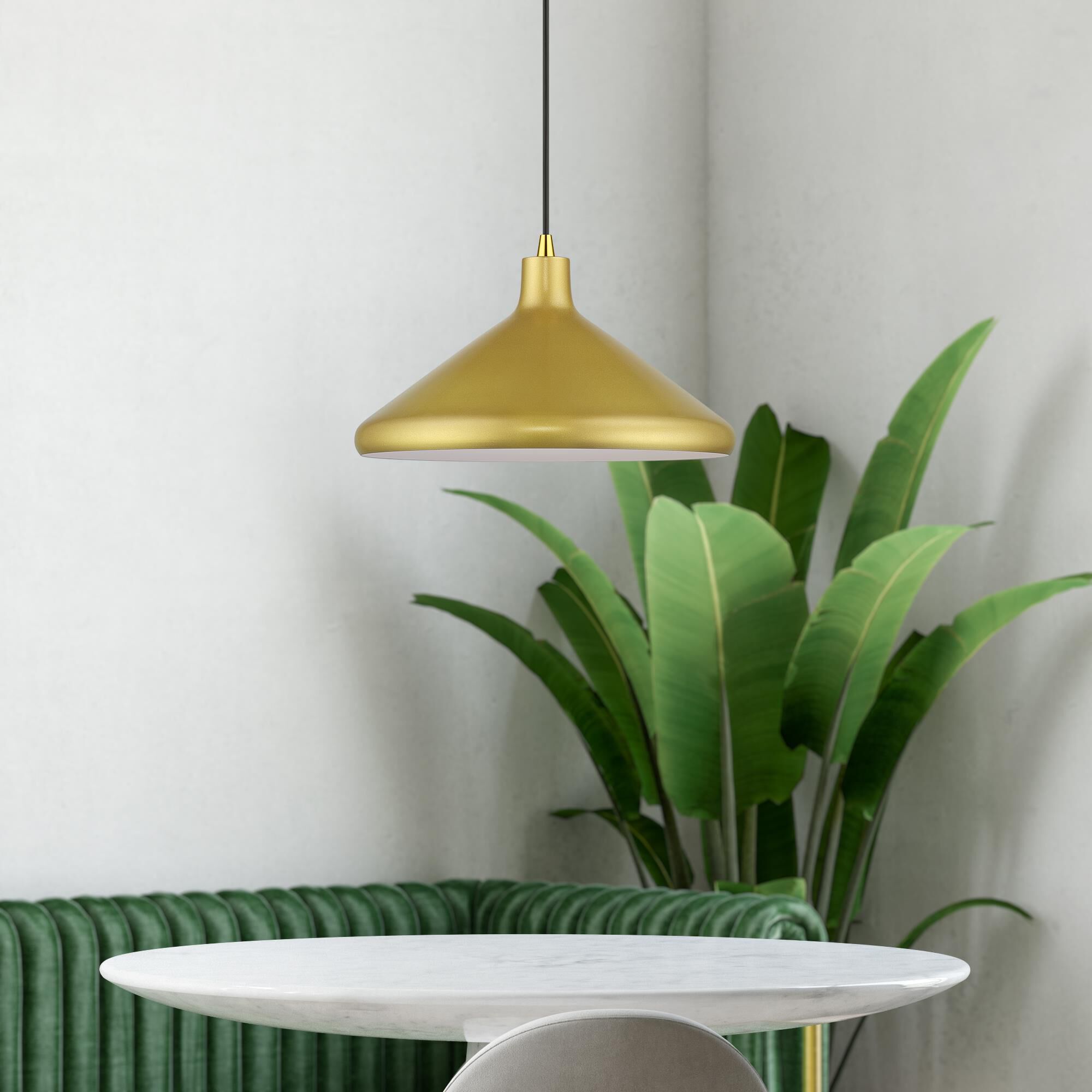 Shown in Soft Gold with Polished Brass Accents finish and Soft Gold Aluminum with White Inside shade