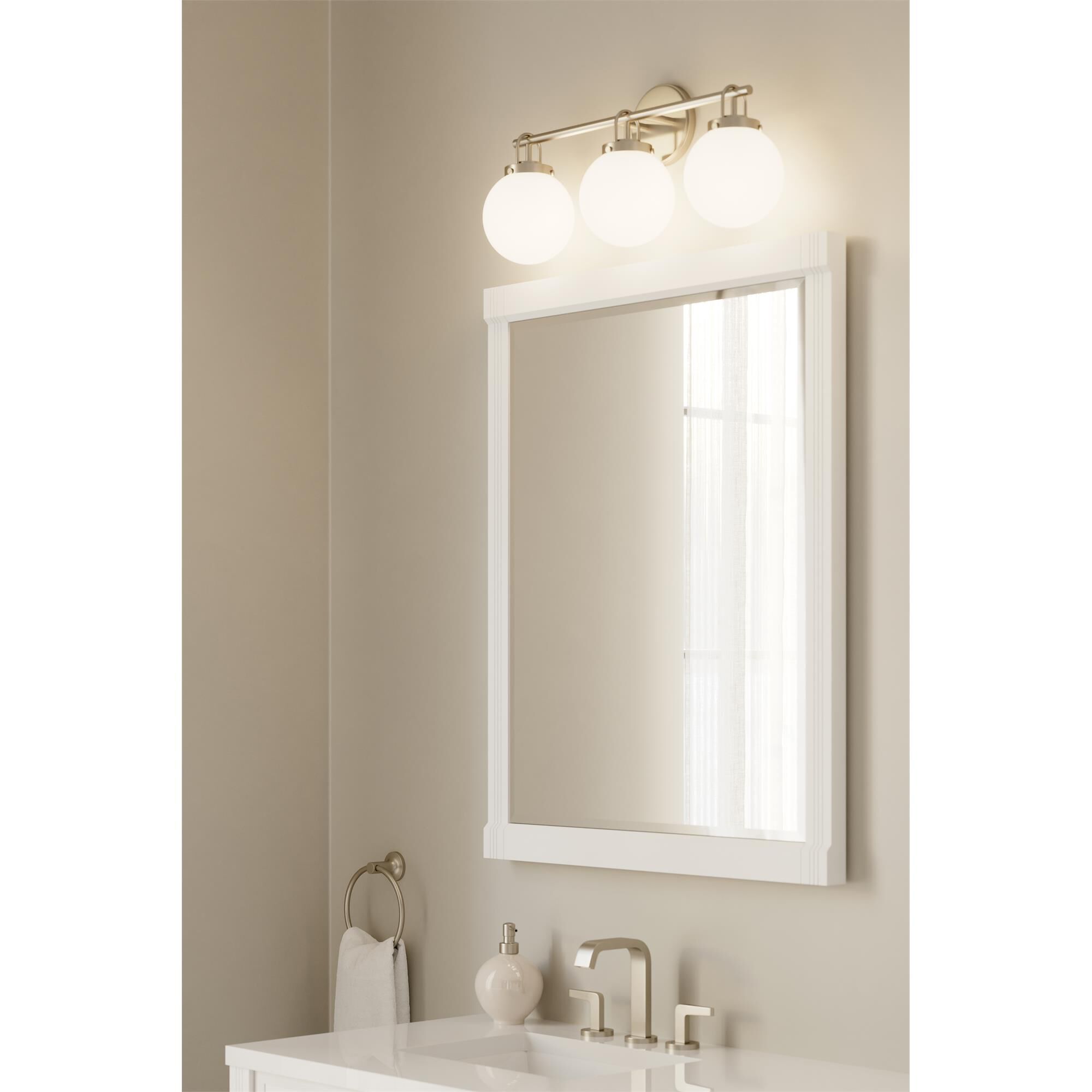 Shown in Brushed Nickel finish and Etched White glass