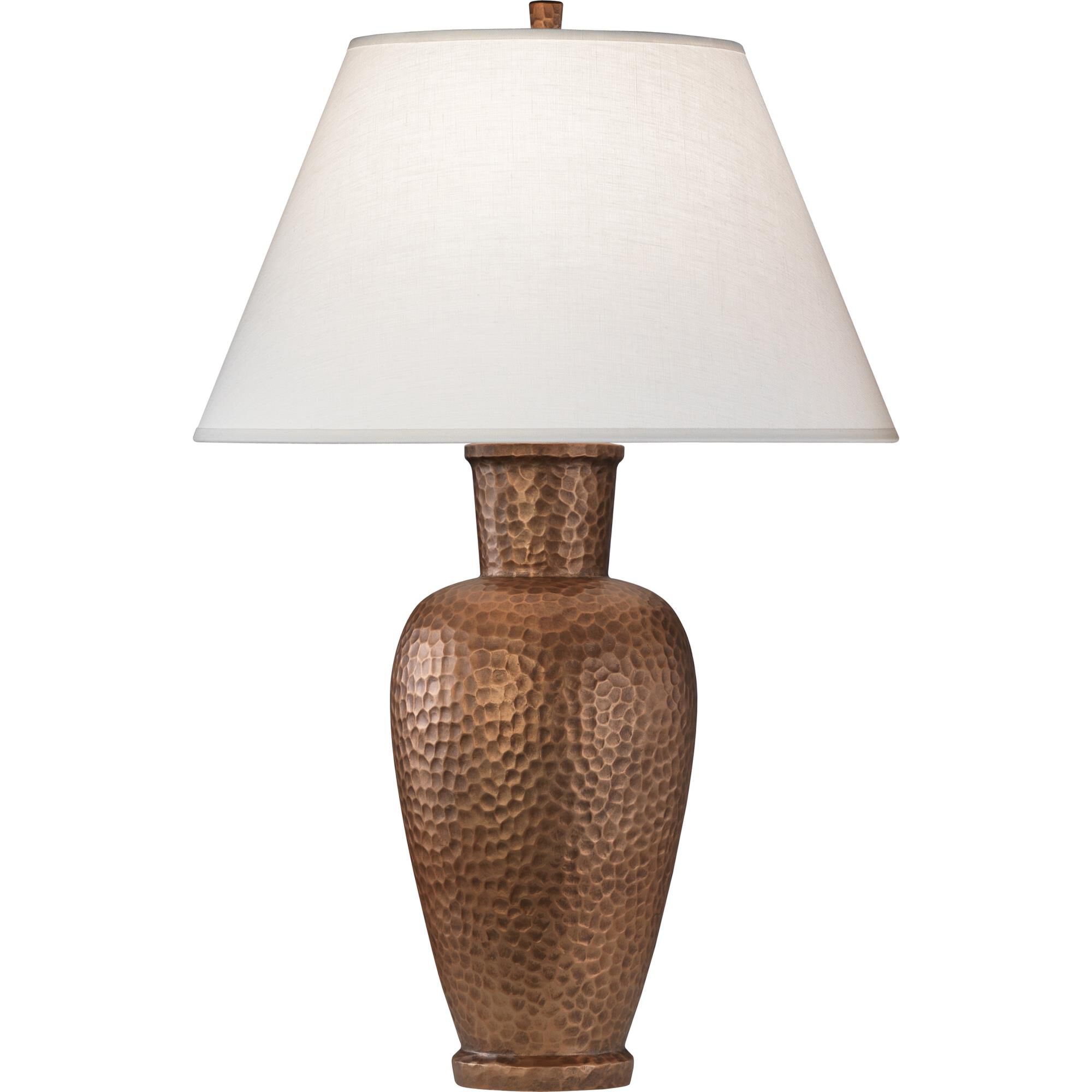 Shown in Dark Antique Copper  Over Hammered Cast Metal finish and Oyster Linen shade