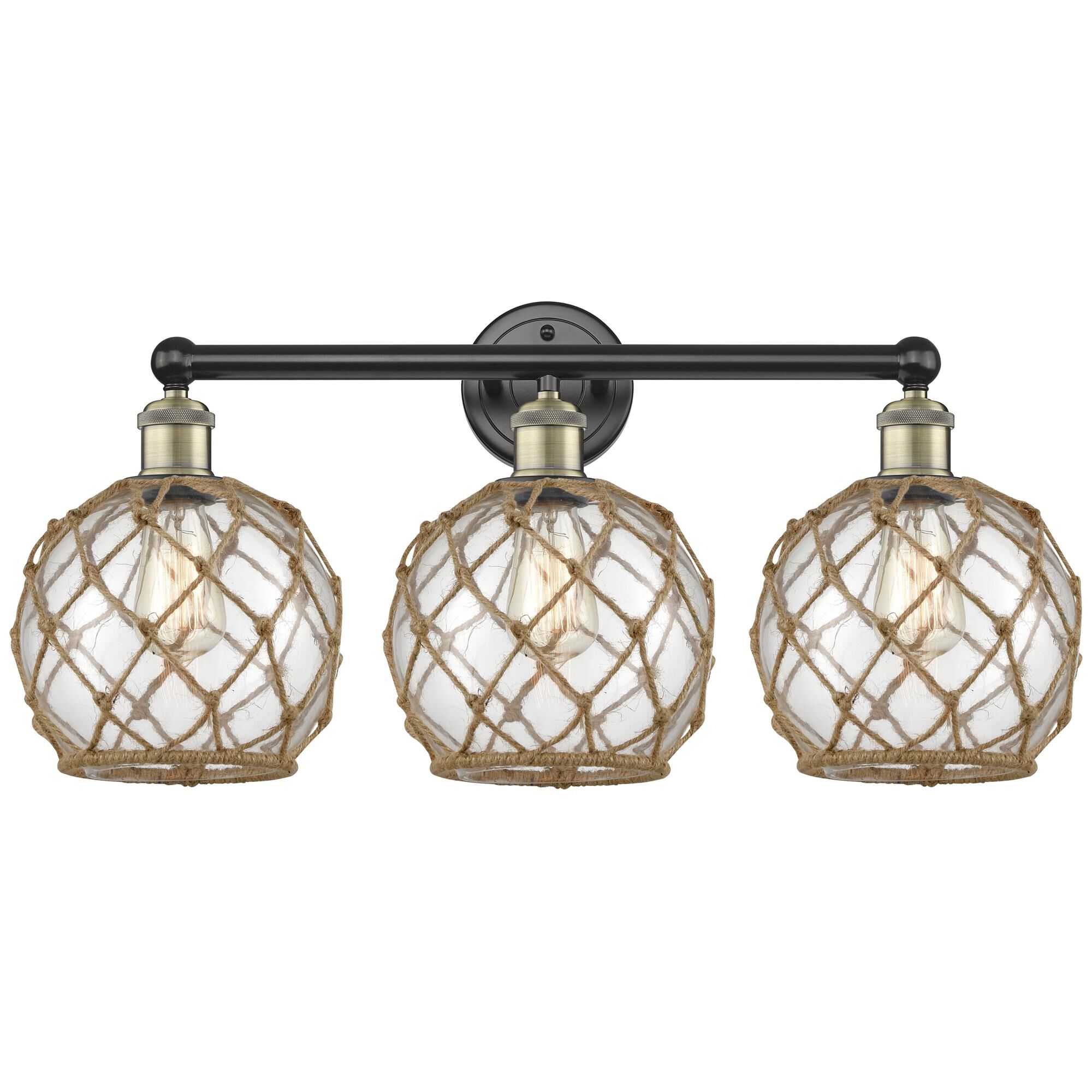 Shown in Black Antique Brass finish and Clear with Brown Rope glass