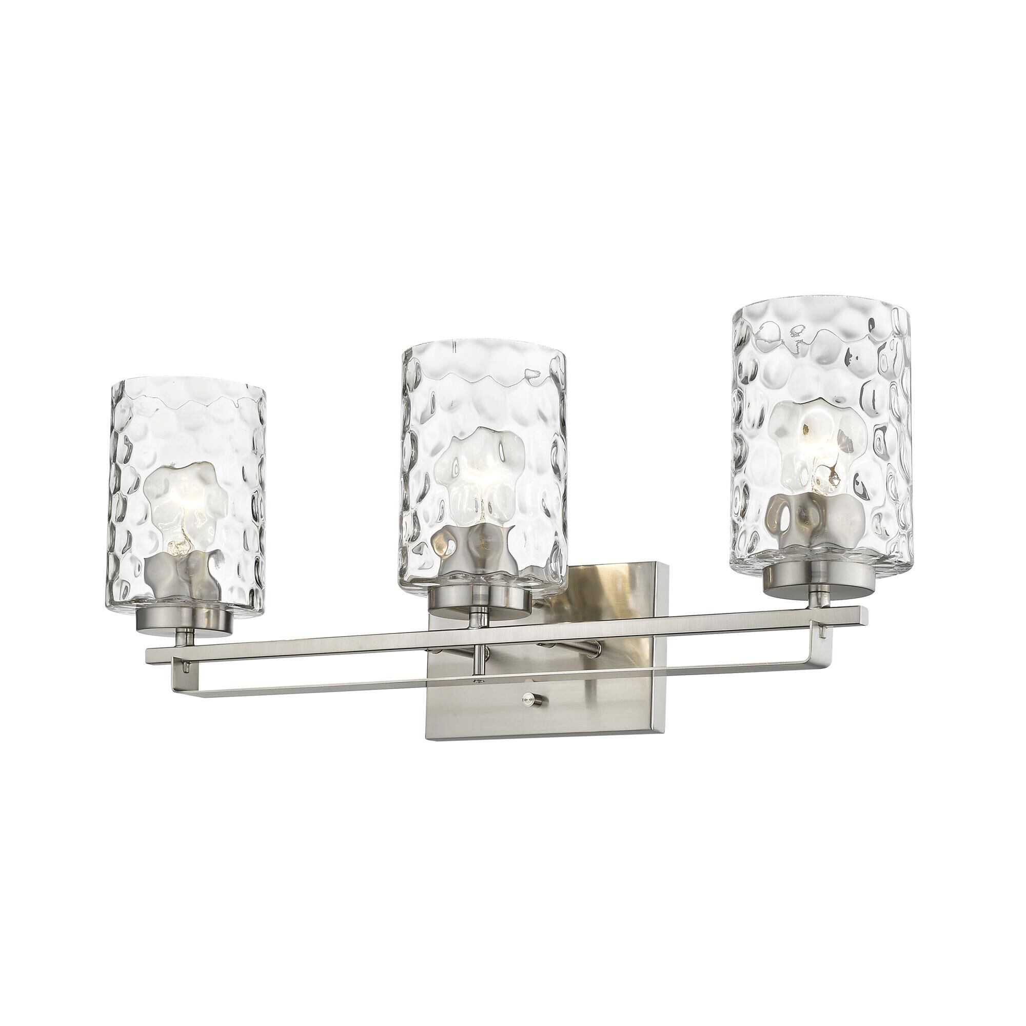 Shown in Satin Nickel finish and Clear glass and Clear, Optic Cylindrical Glass shade