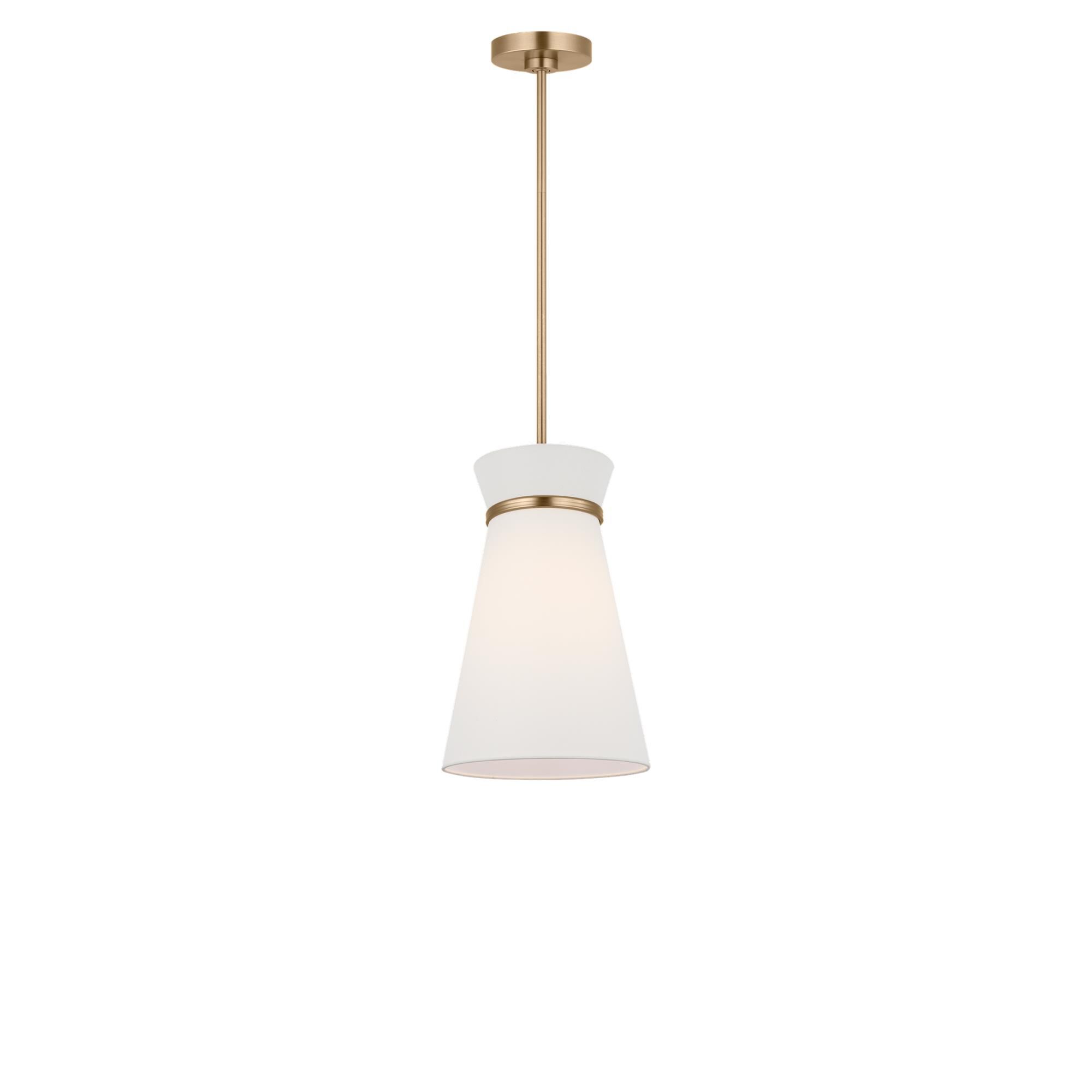 Shown in Satin Brass finish and White Linen shade
