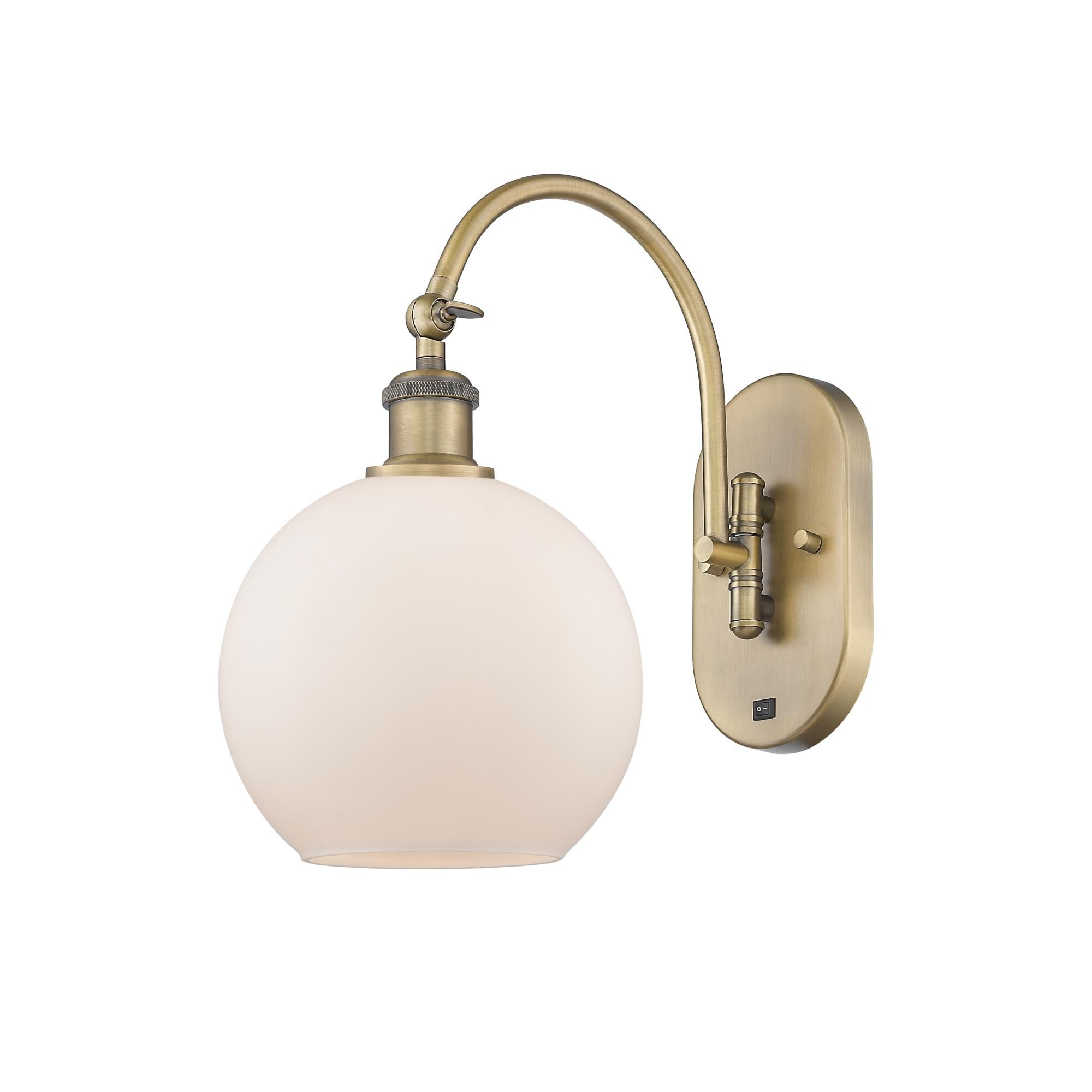 Shown in Brushed Brass finish and Cased Matte White glass