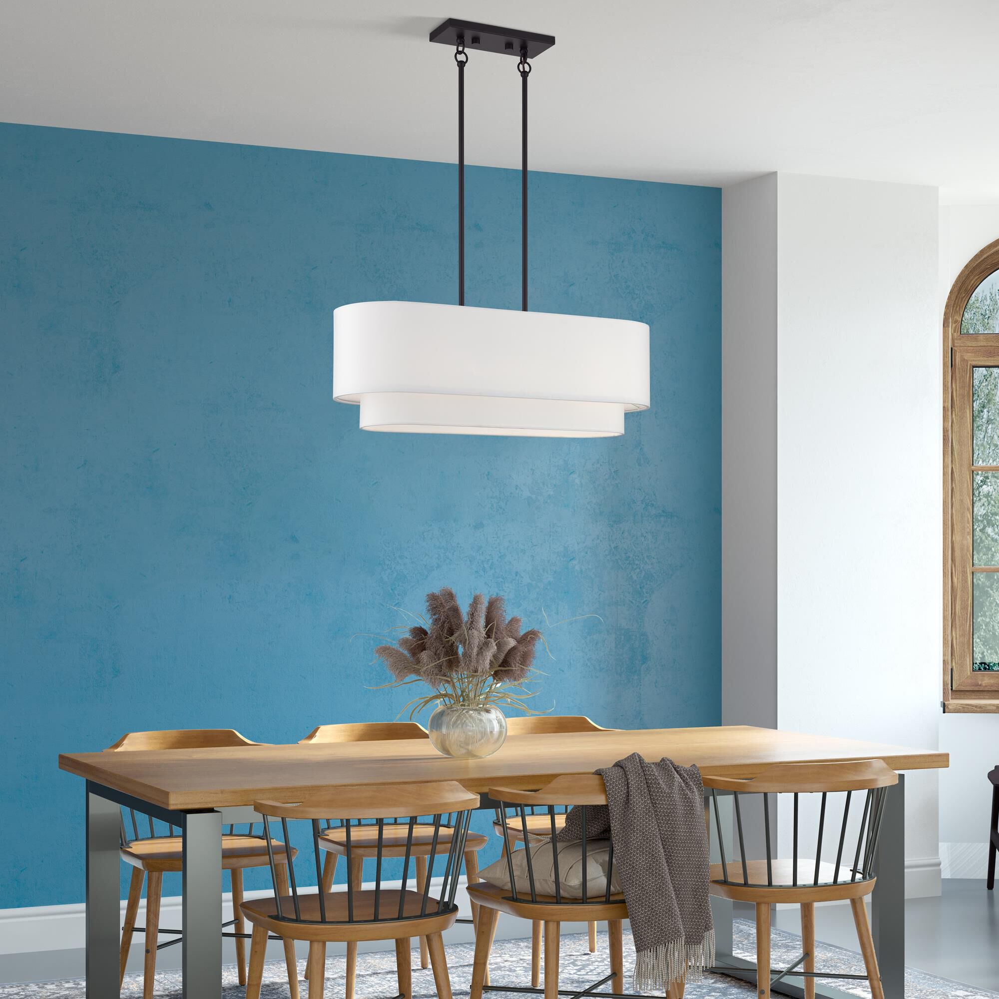 Shown in Bronze finish and Hand Crafted Off-White Fabric Hardbacks with White Fabric Inside shade