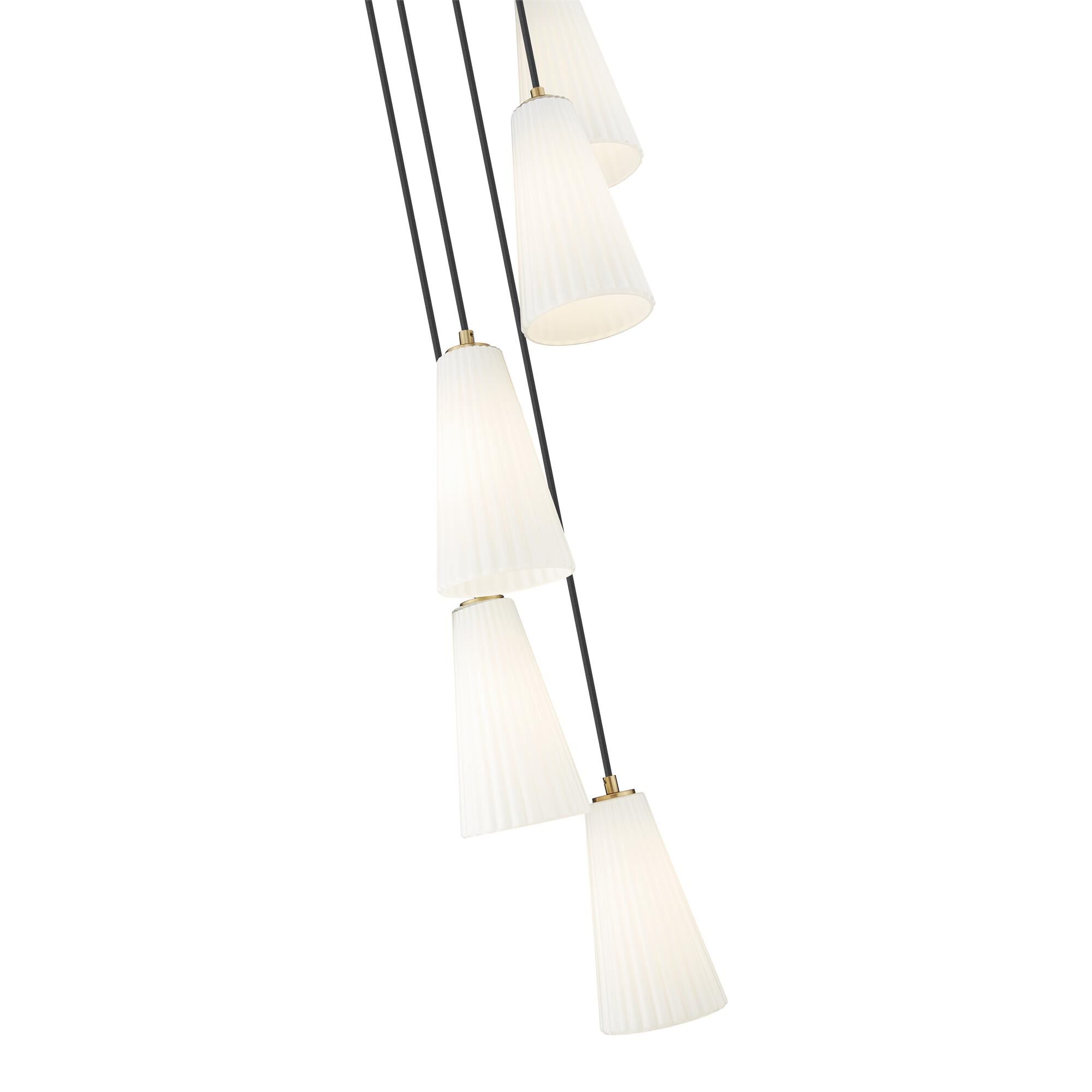 Shown in Modern Gold finish and White glass and White shade