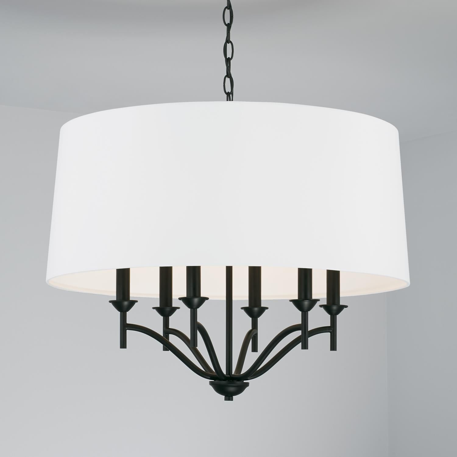 Shown in Matte Black finish and White Fabric shade