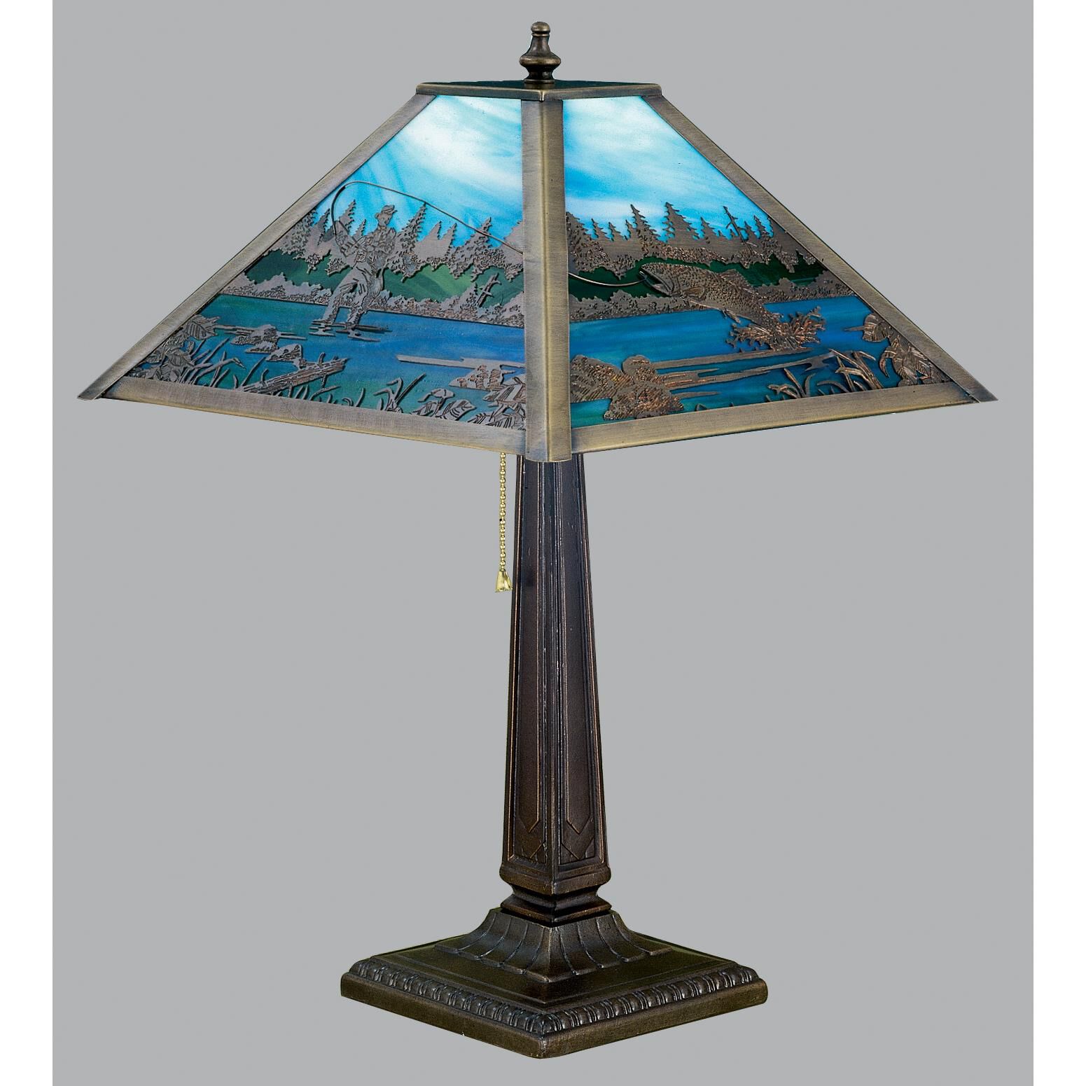 Shown in Mahogany Bronze finish and Sky Blue-Woodland Green-Pond Blue glass