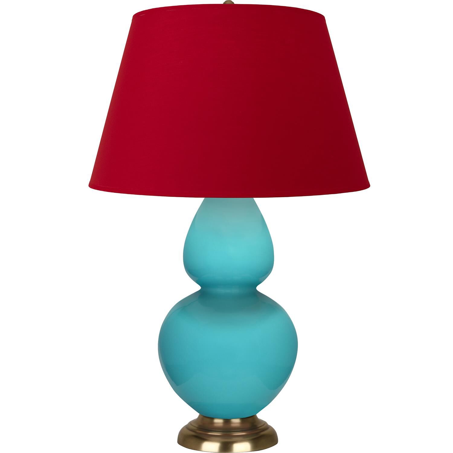 Shown in Egg Blue finish and Black and Red shade and Antique Natural Brass accent
