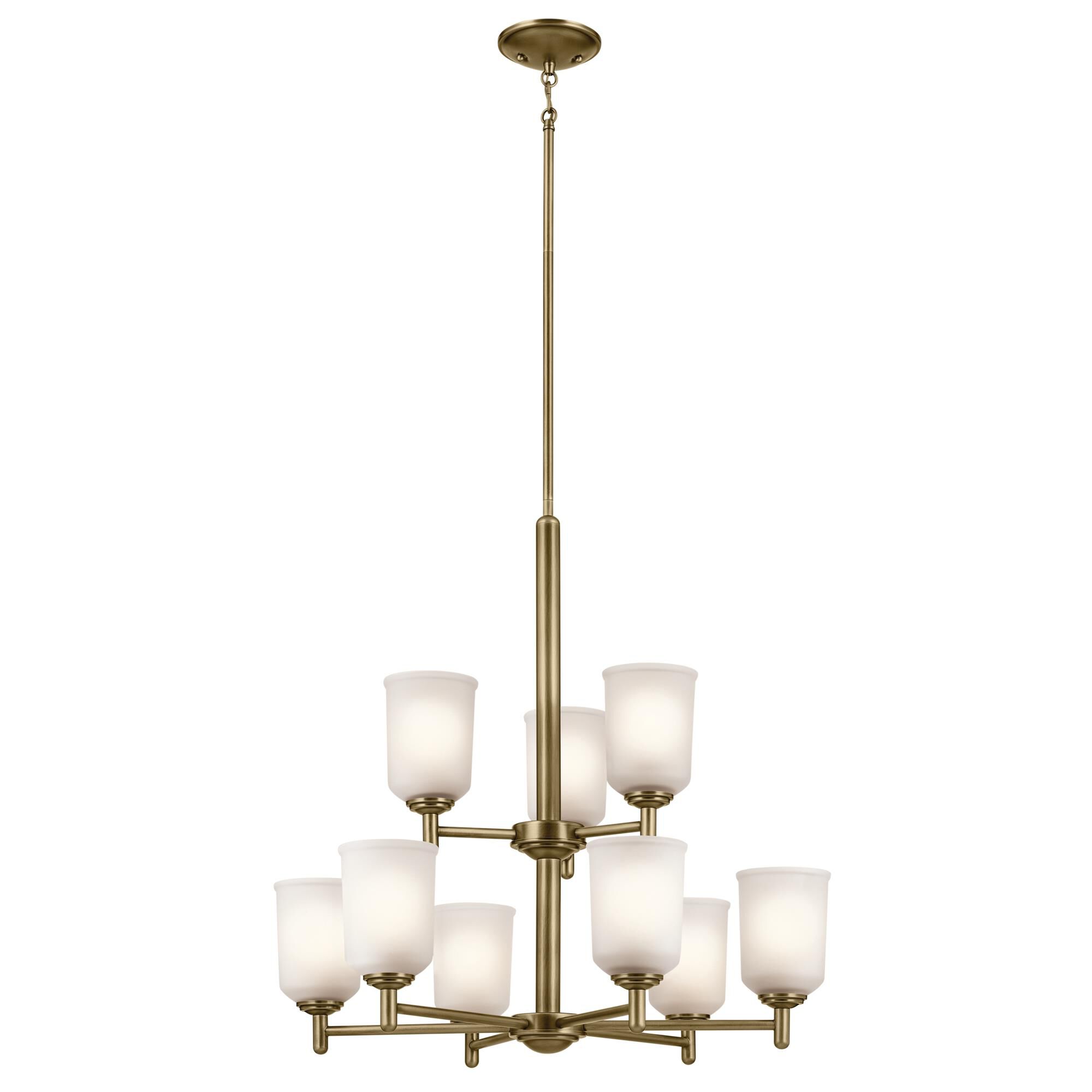 Shown in Natural Brass finish and Clear Satin Etched glass