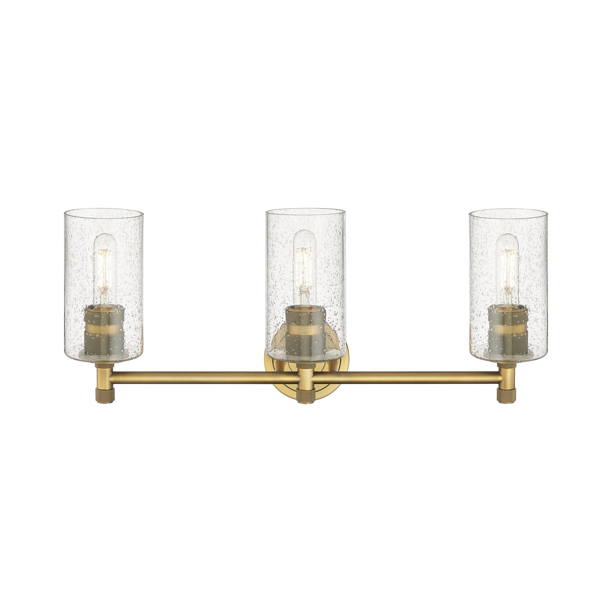 Shown in Brushed Brass finish and Seedy glass