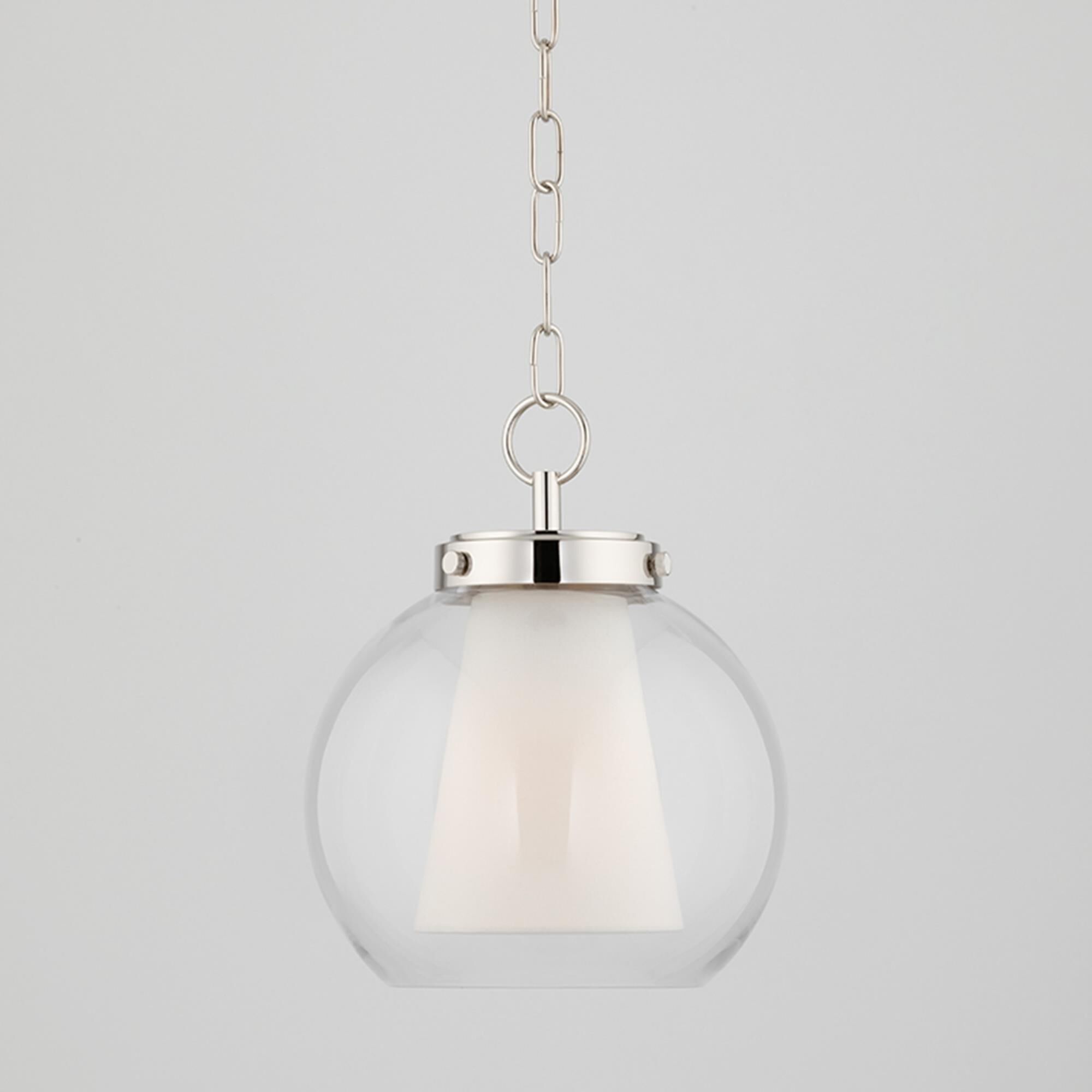 Shown in Polished Nickel finish and Clear glass and White Belgian Linen shade