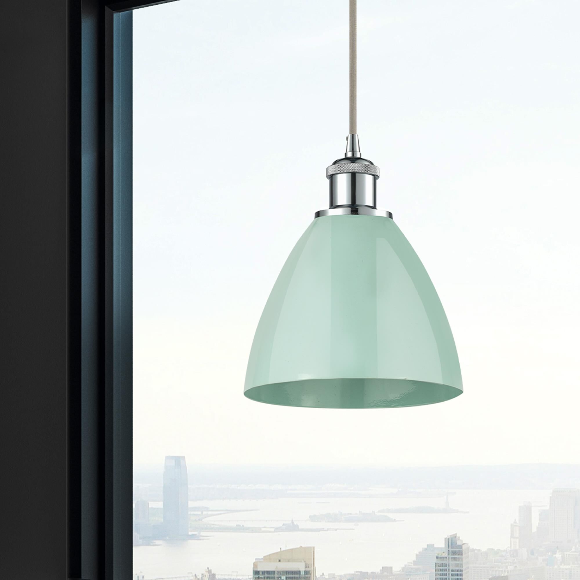 Shown in Polished Chrome finish and Seafoam Plymouth Dome shade