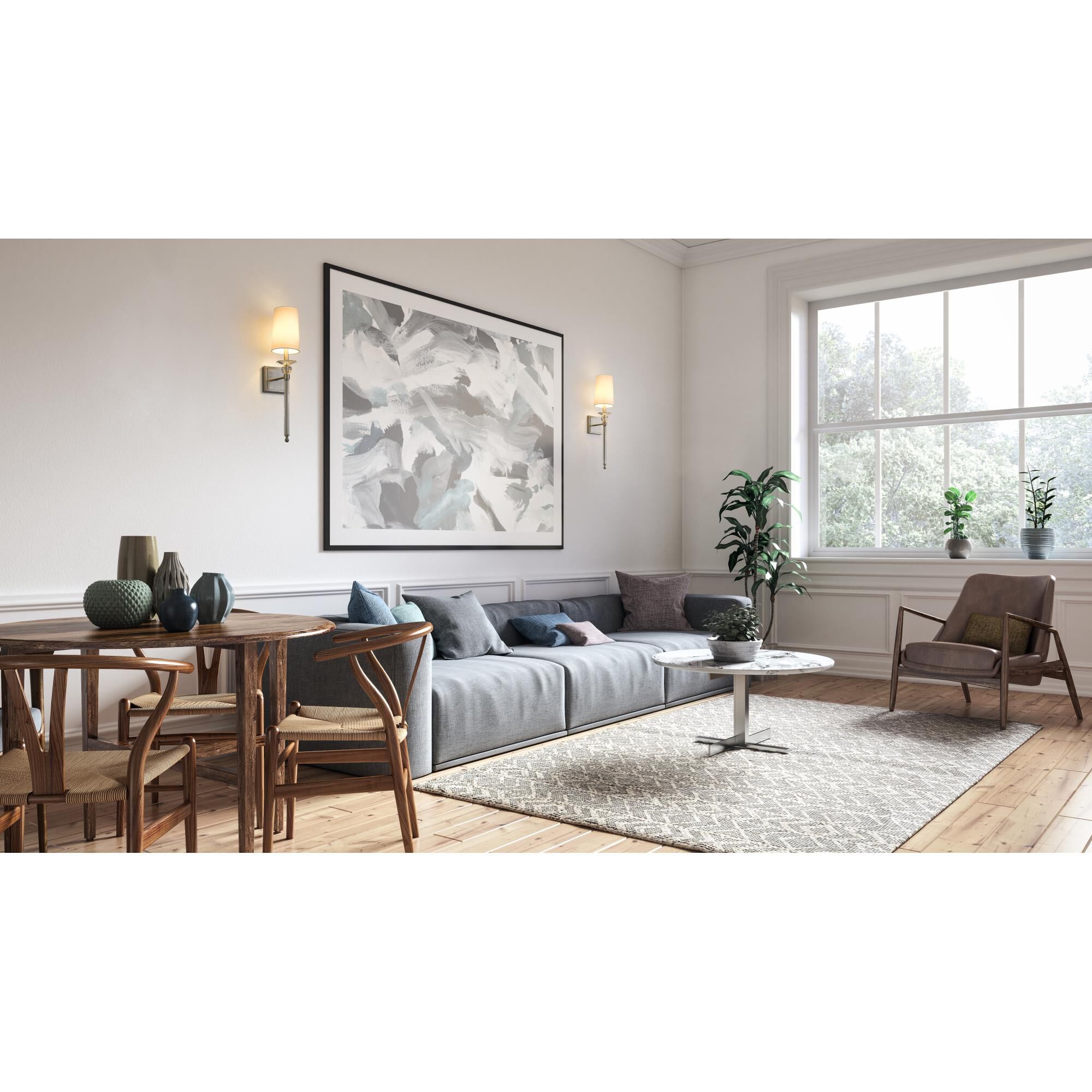 Shown in Brushed Nickel finish and Fabric glass and Fabric shade