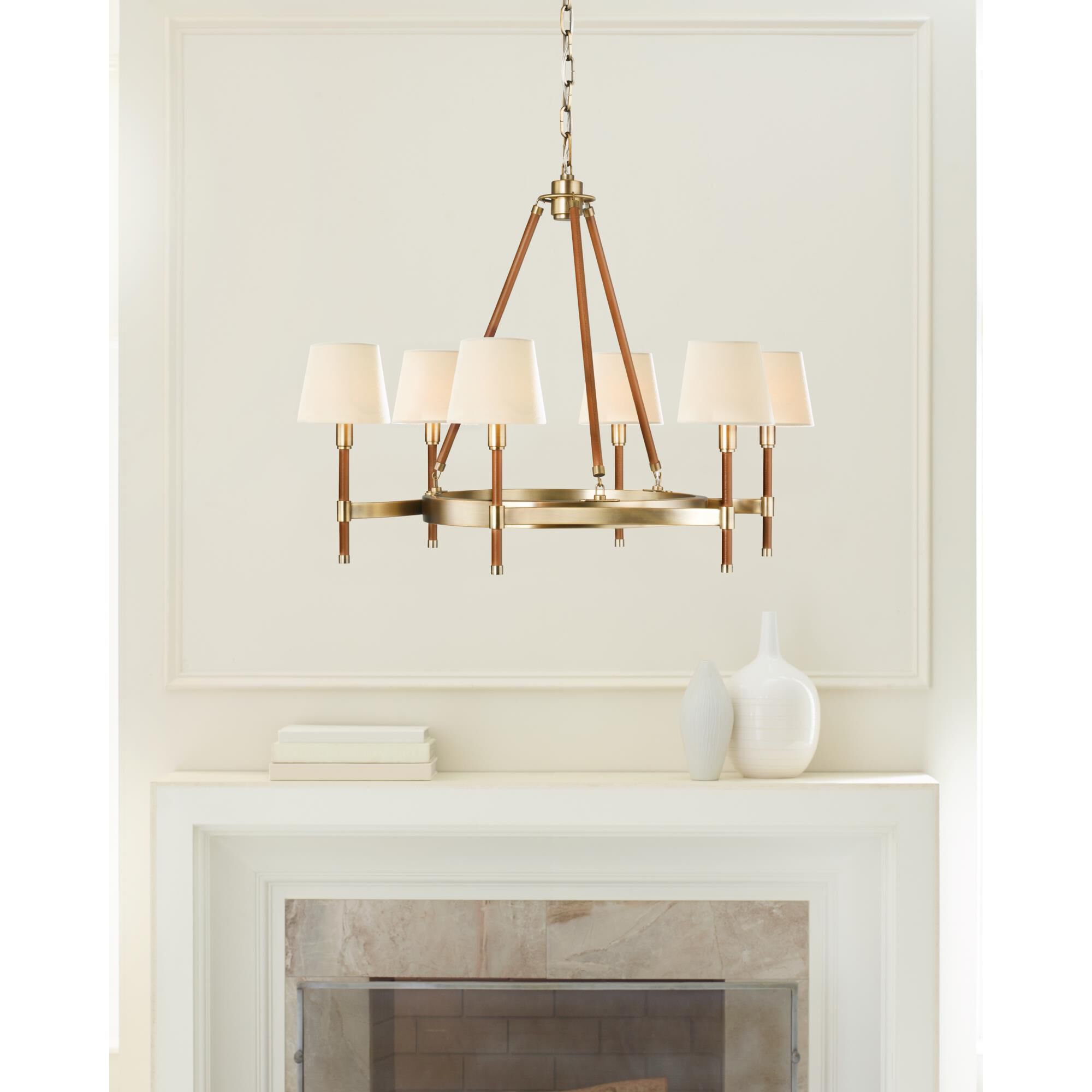 Shown in Time Worn Brass finish and White Linen Fabric shade