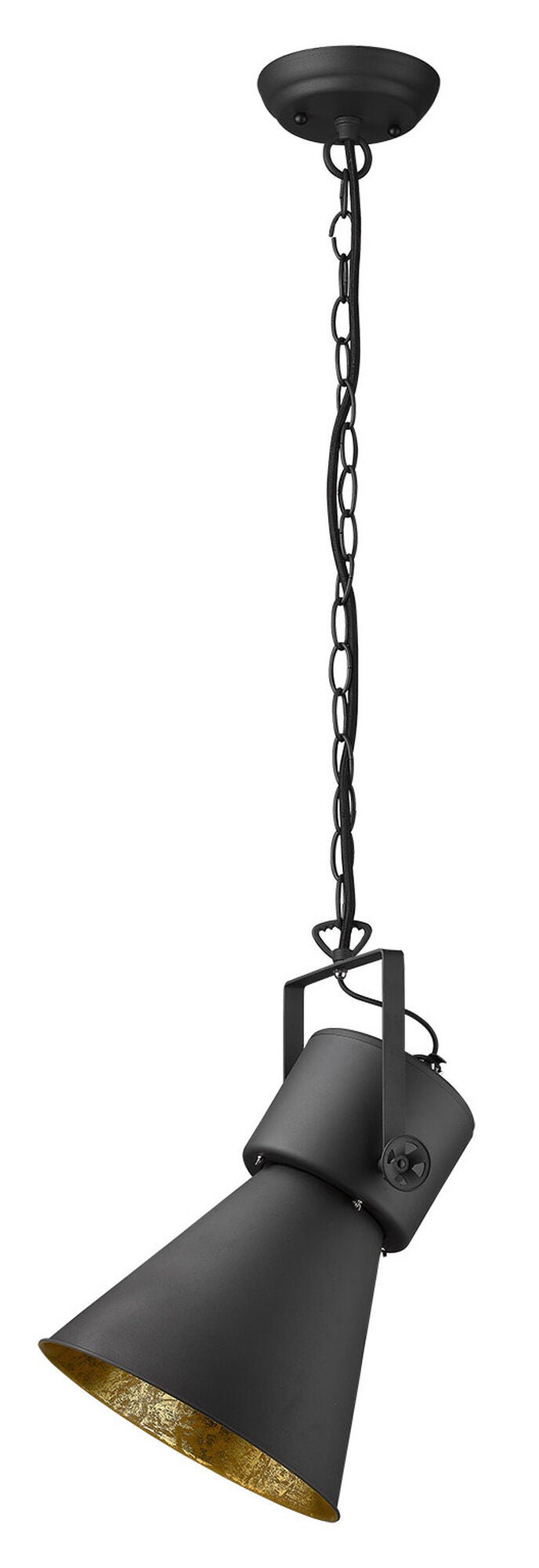 Shown in Matte Black finish and Black glass and Black Metal Cone Shaped  W/ Gold Interior shade
