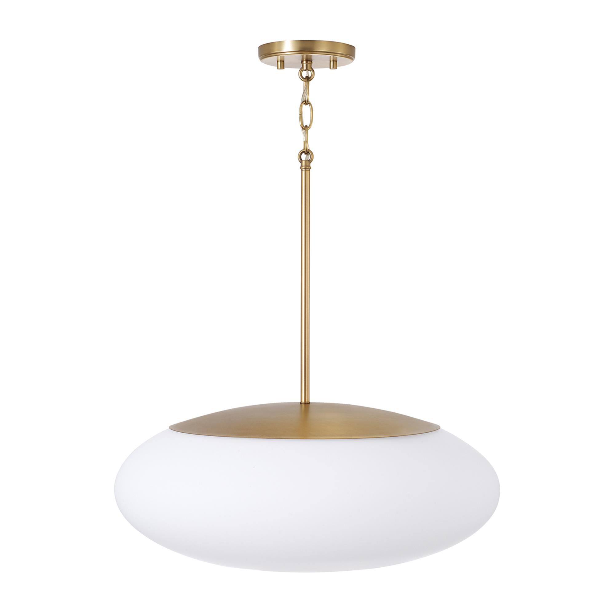 Shown in Aged Brass finish and Soft White glass