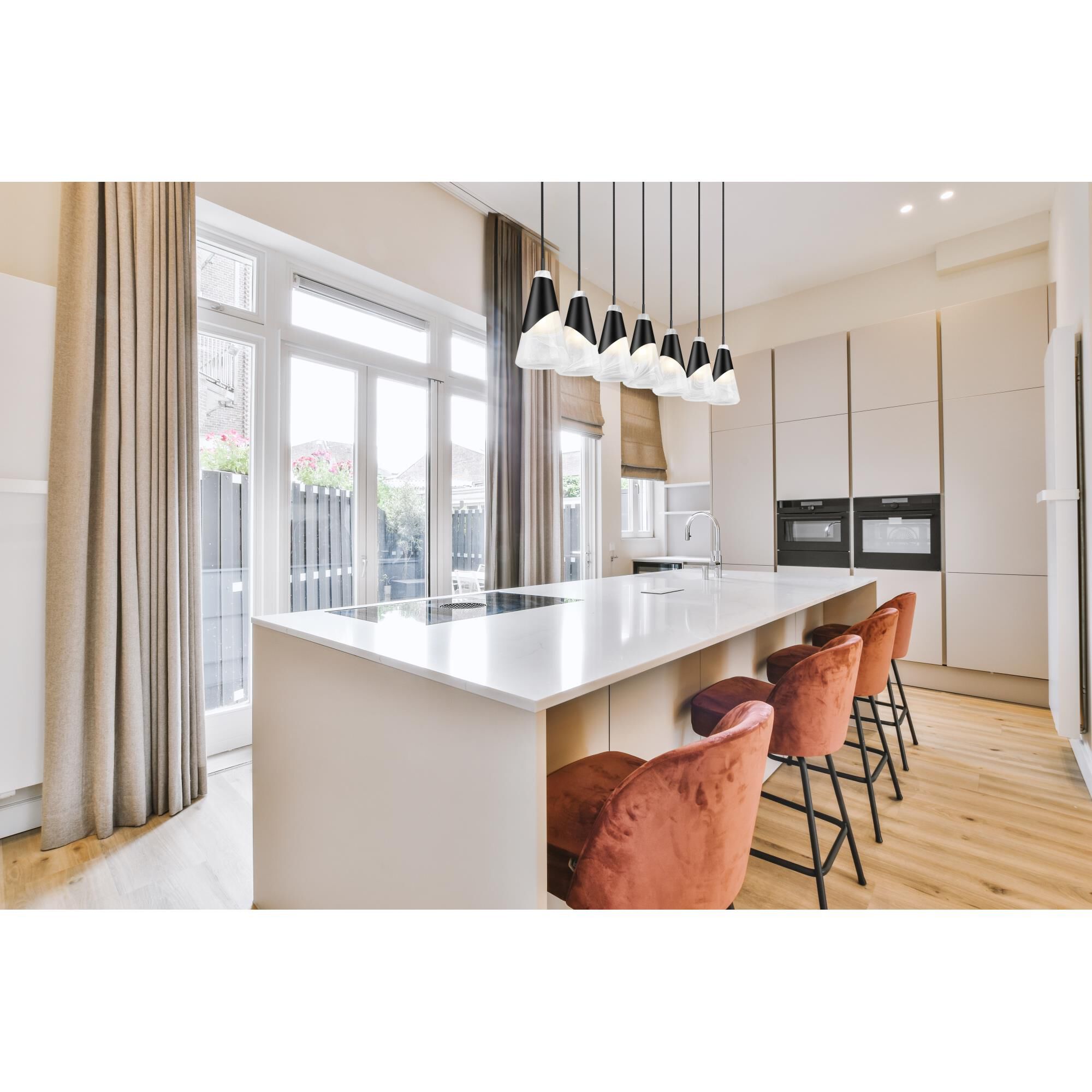 Shown in Matte Black finish and White Swirl glass and White Swirl shade