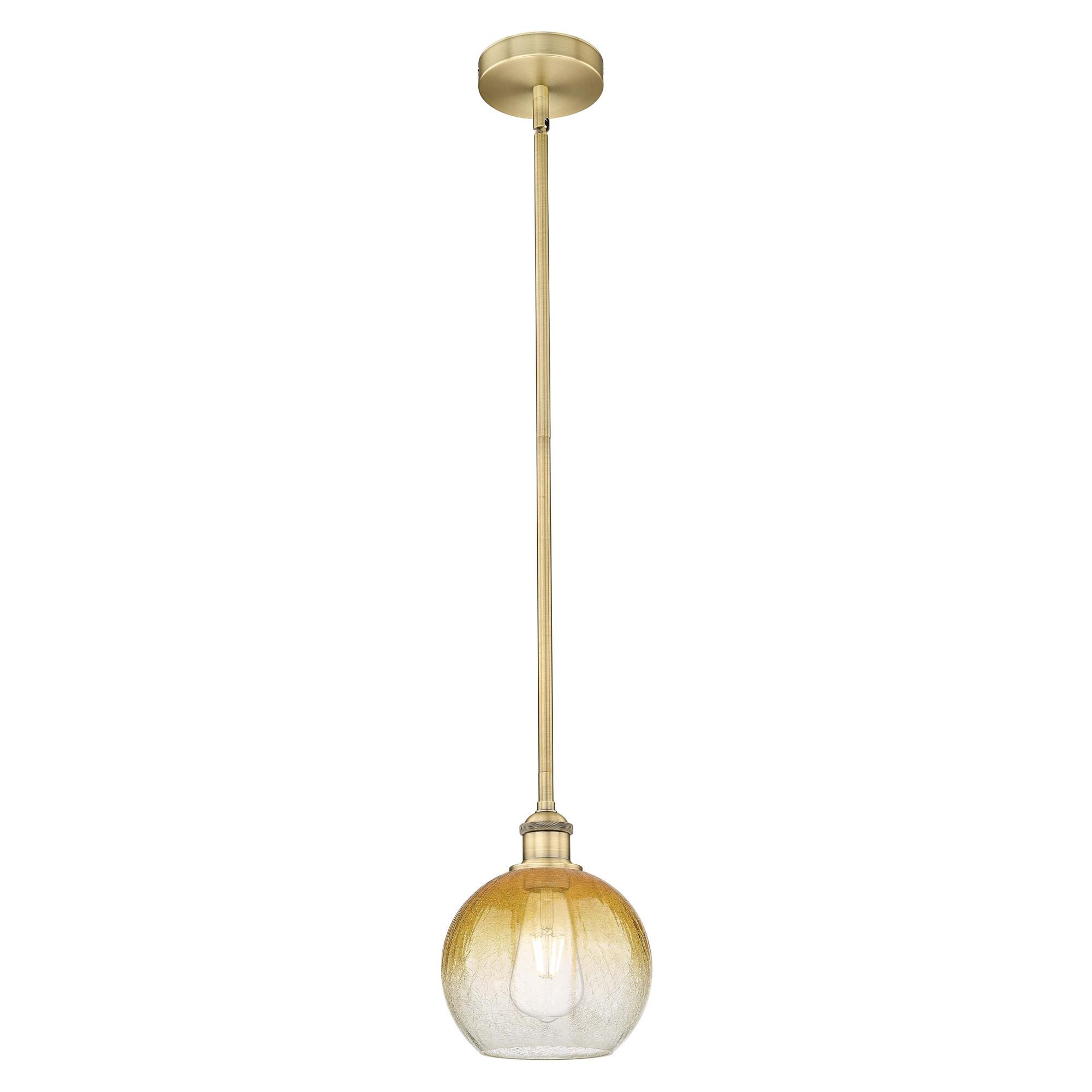 Shown in Brushed Brass finish and Amber glass
