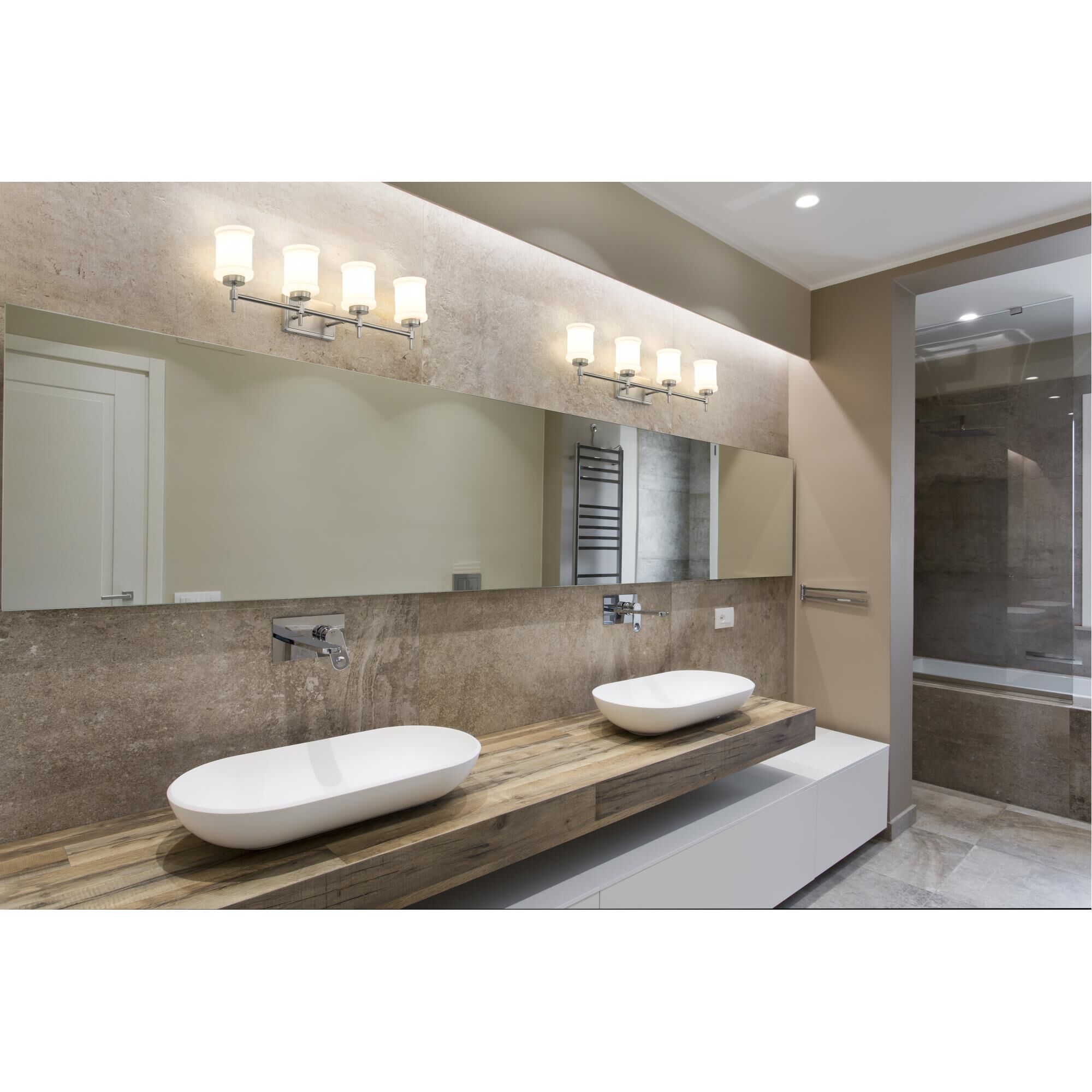 Shown in Brushed Nickel finish and Gloss Opal glass and Gloss Opal shade