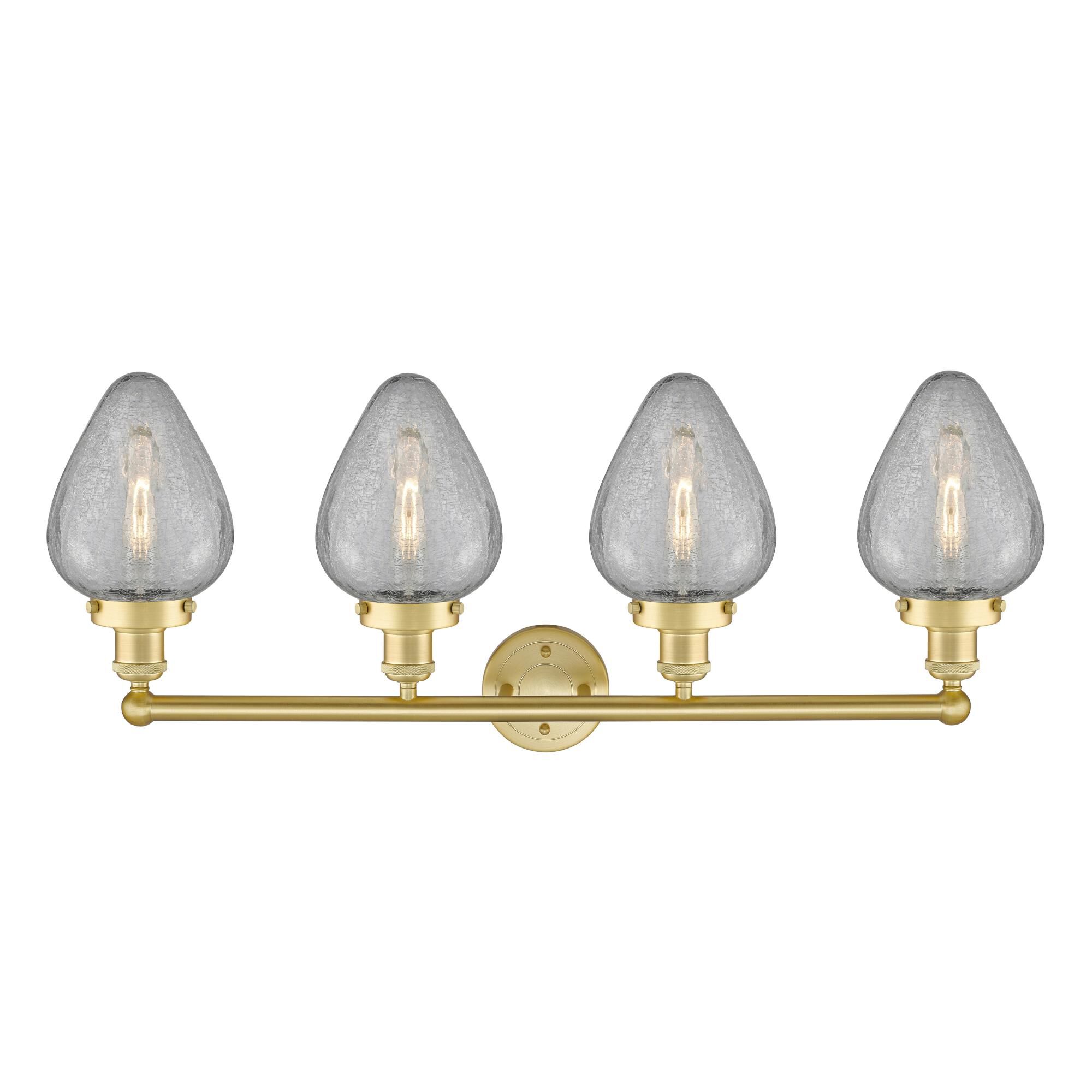 Shown in Satin Gold finish and Clear Crackled glass