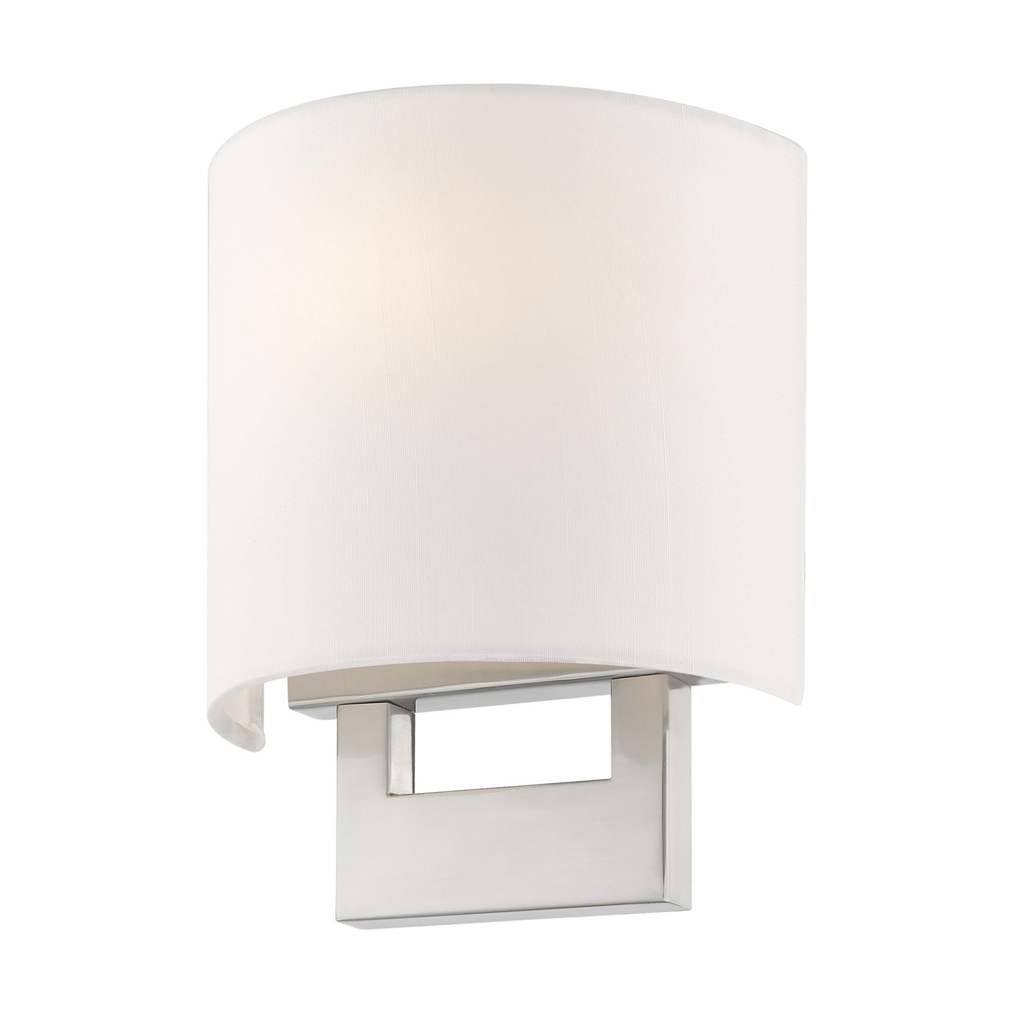 Shown in Brushed Nickel finish and Hand Crafted Off-White Fabric Outside & White Fabric Inside Hardback shade