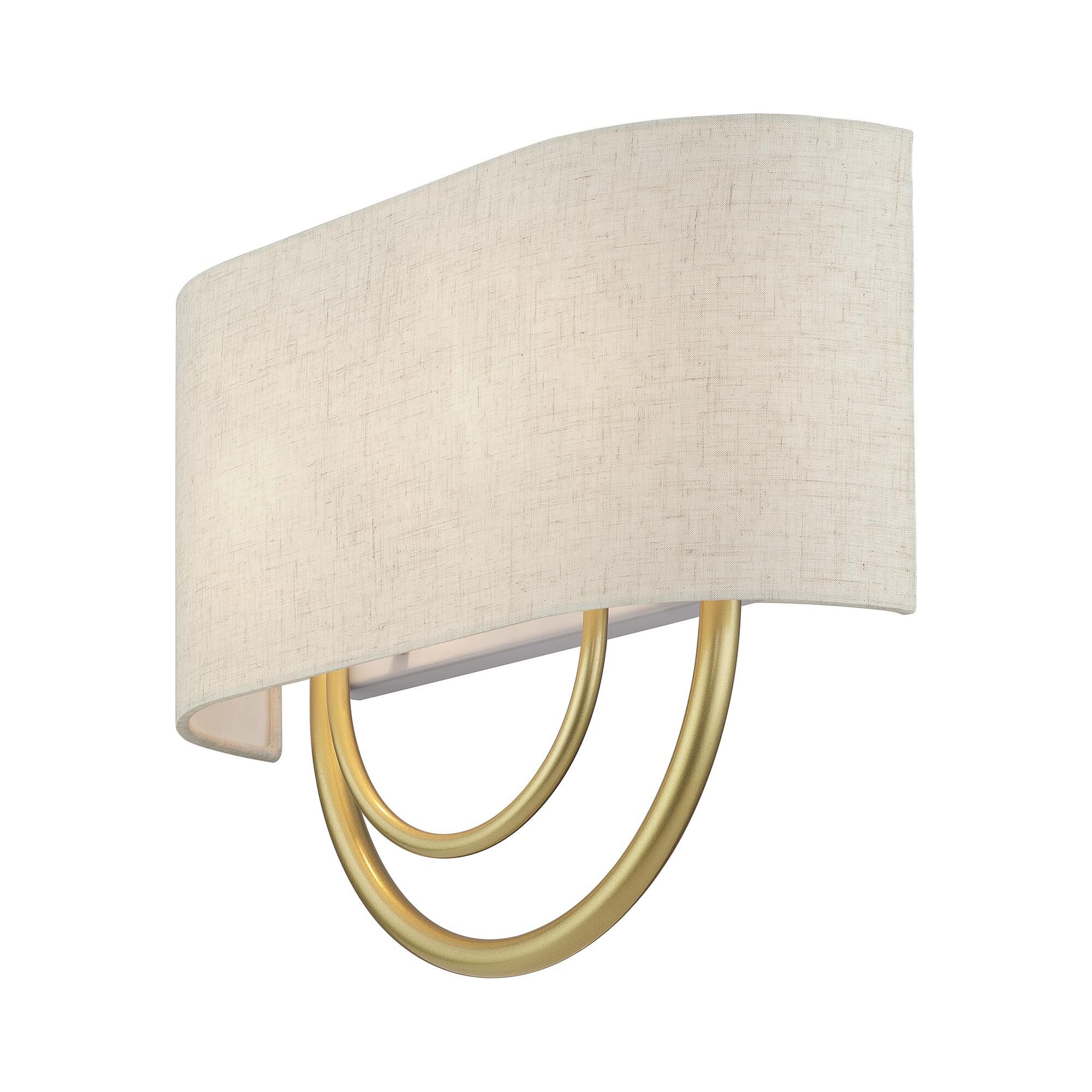 Shown in Soft Gold finish and Hand Crafted Oatmeal Color Fabric Hardback with White Fabric Inside shade