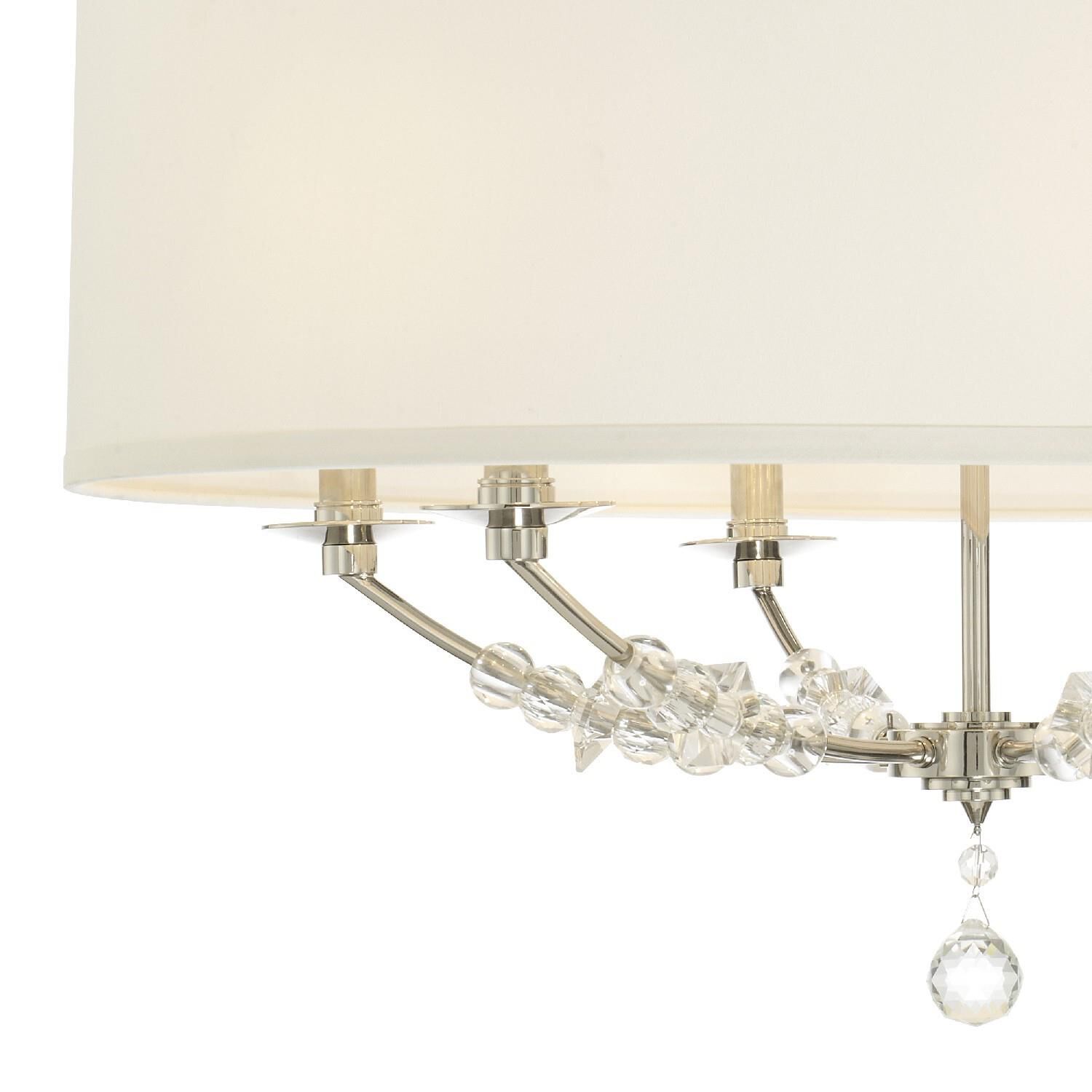 Shown in Polished Nickel finish and Clear Glass Drops crystal and Silk glass and White shade