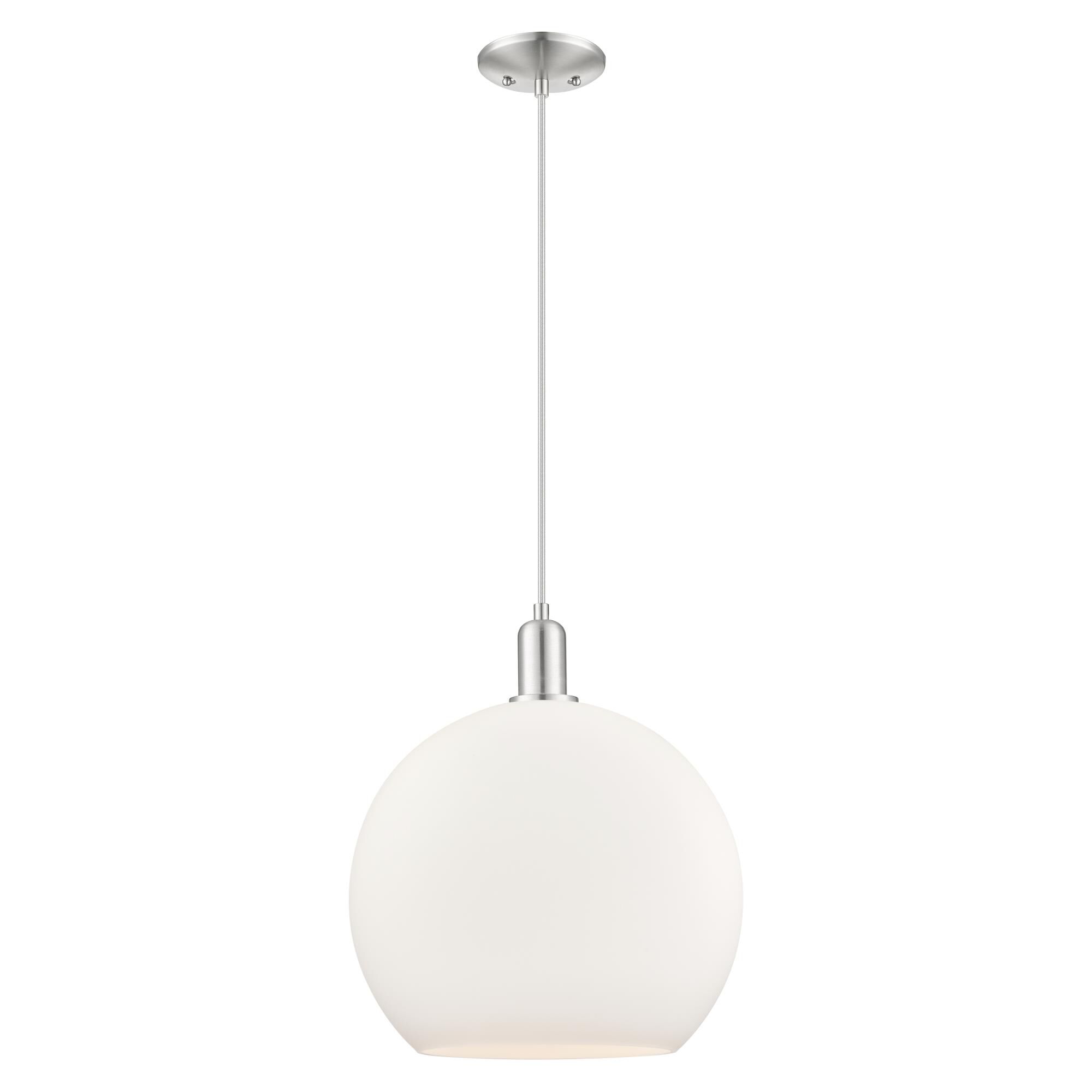 Shown in Brushed Satin Nickel finish and Matte White glass