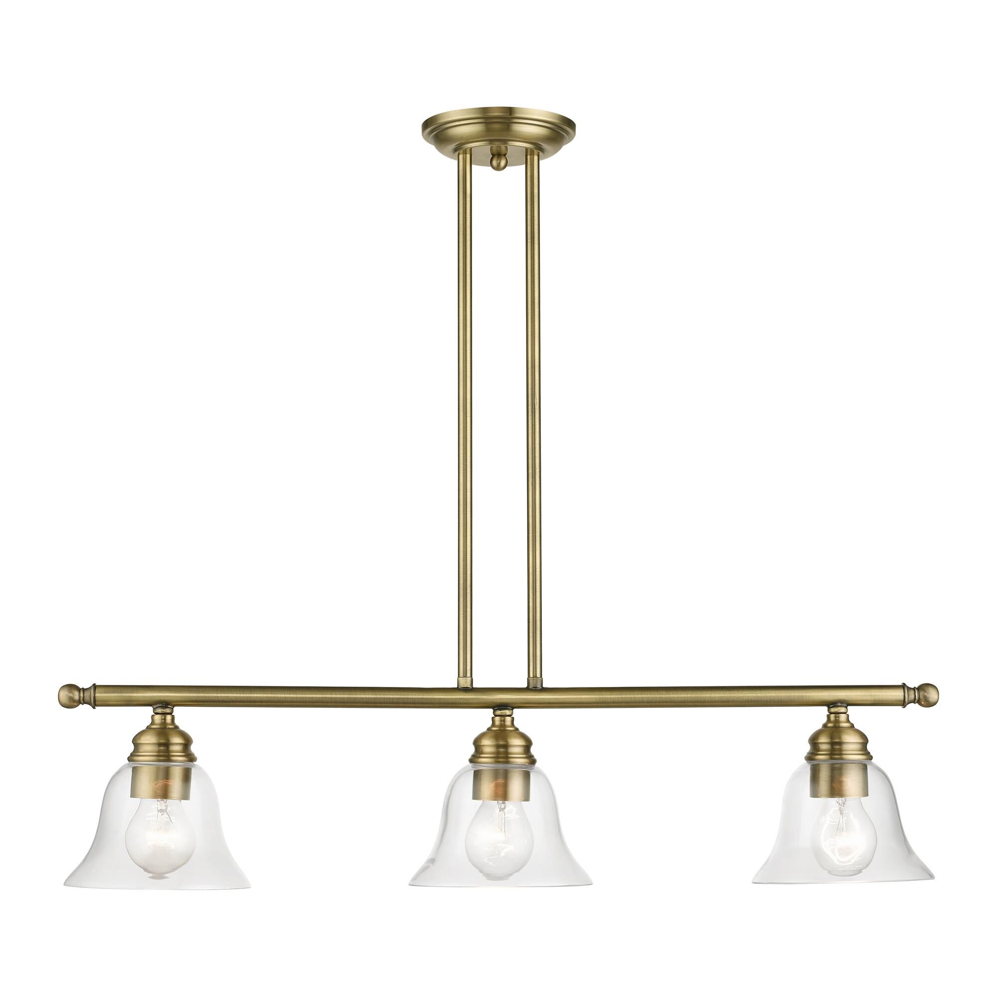 Shown in Antique Brass finish and Hand Blown Clear glass