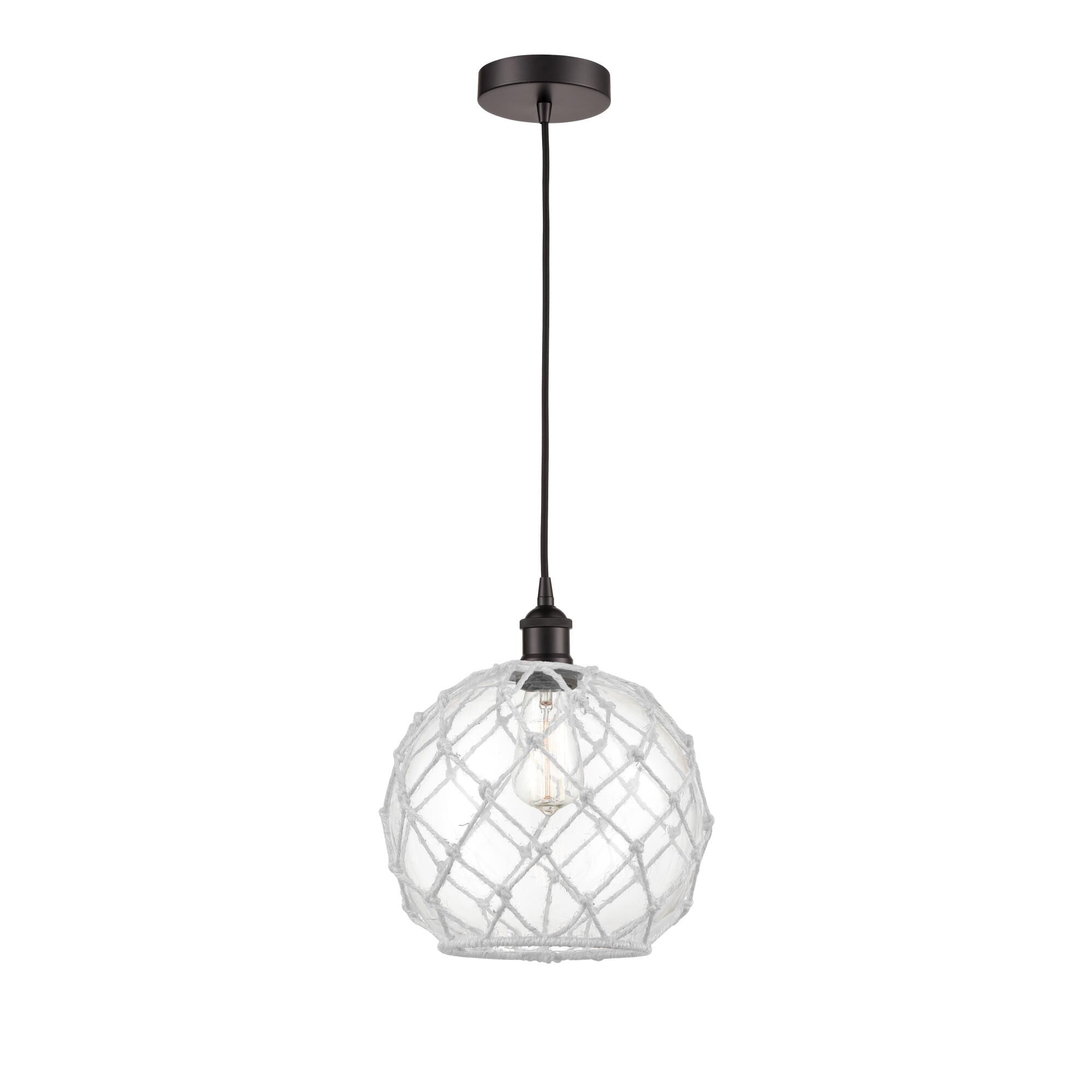 Shown in Oil Rubbed Bronze finish and Clear Large Farmhouse With White Rope glass